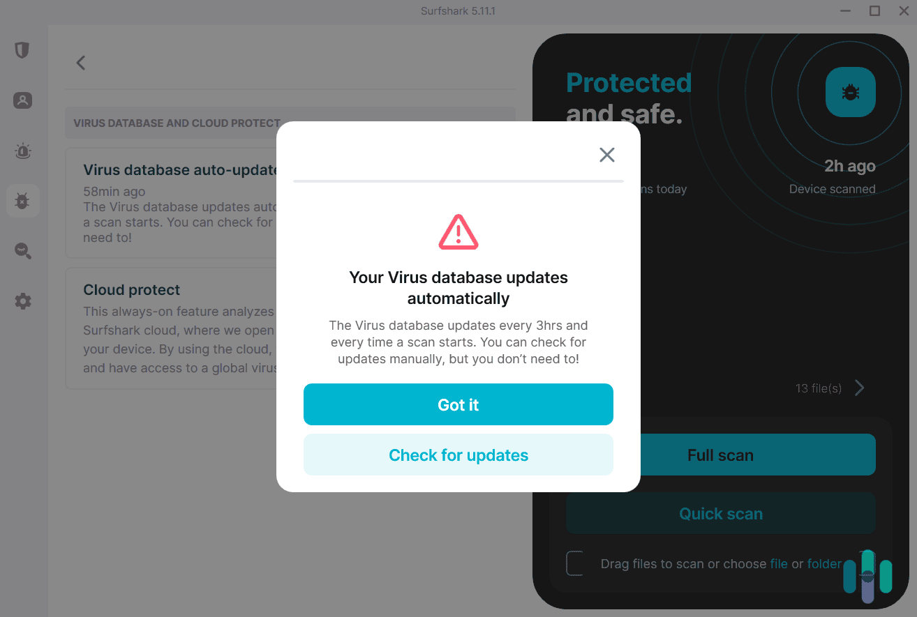 Surfshark Antivirus automatically updates its malware database every 3 hours.