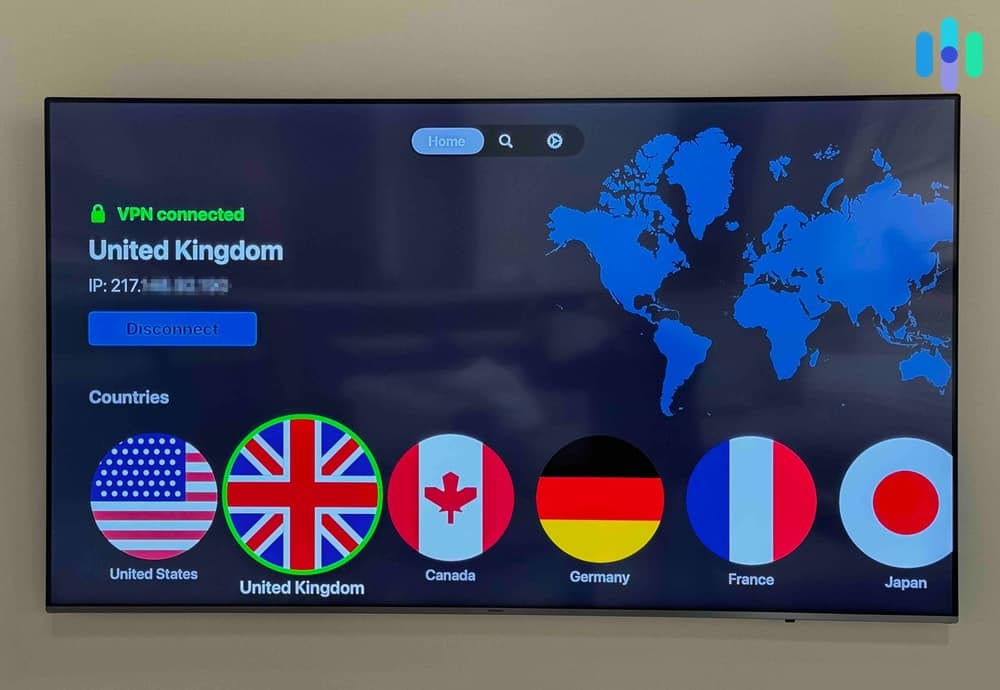 NordVPN Apple TV app connected to a server in the United Kingdom
