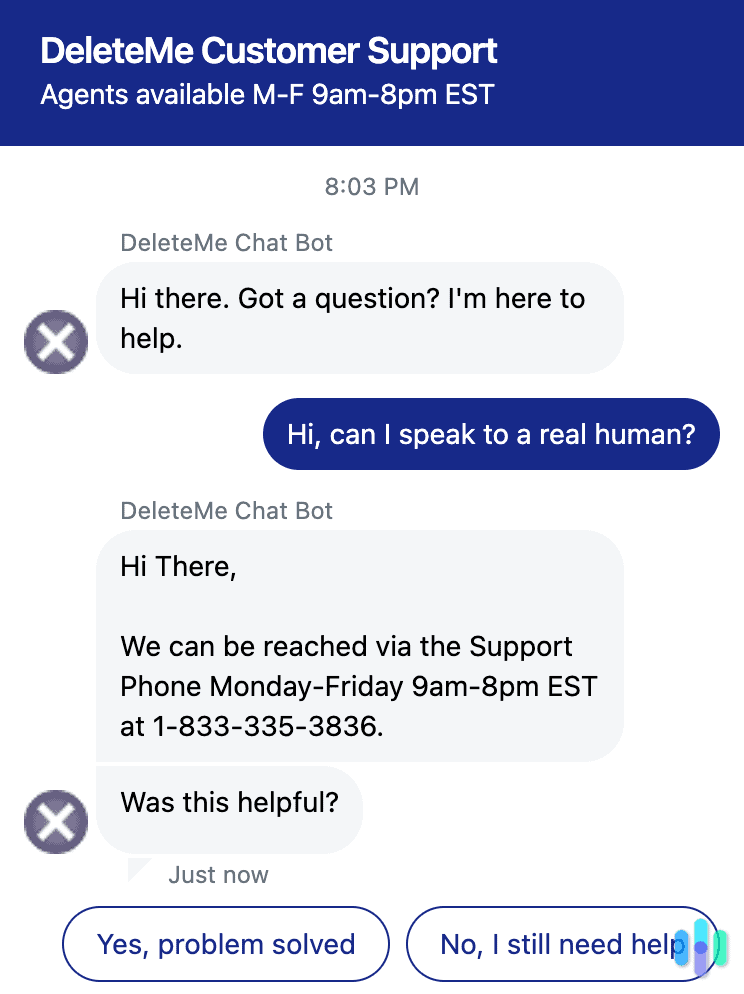 DeleteMe customer support chat