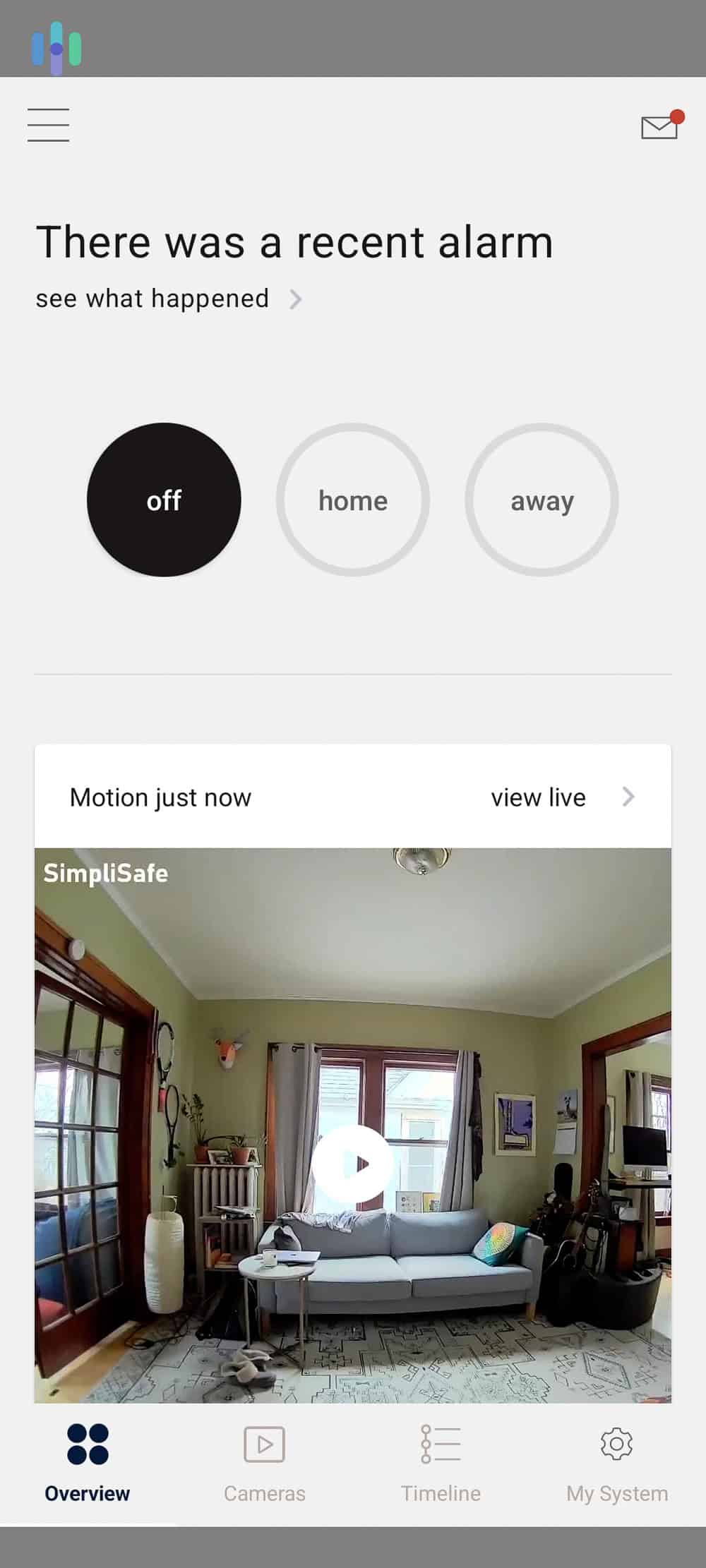 SimpliSafe app's overview page