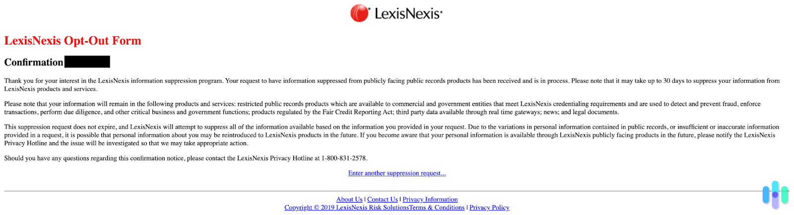 LexisNexis confirmation number