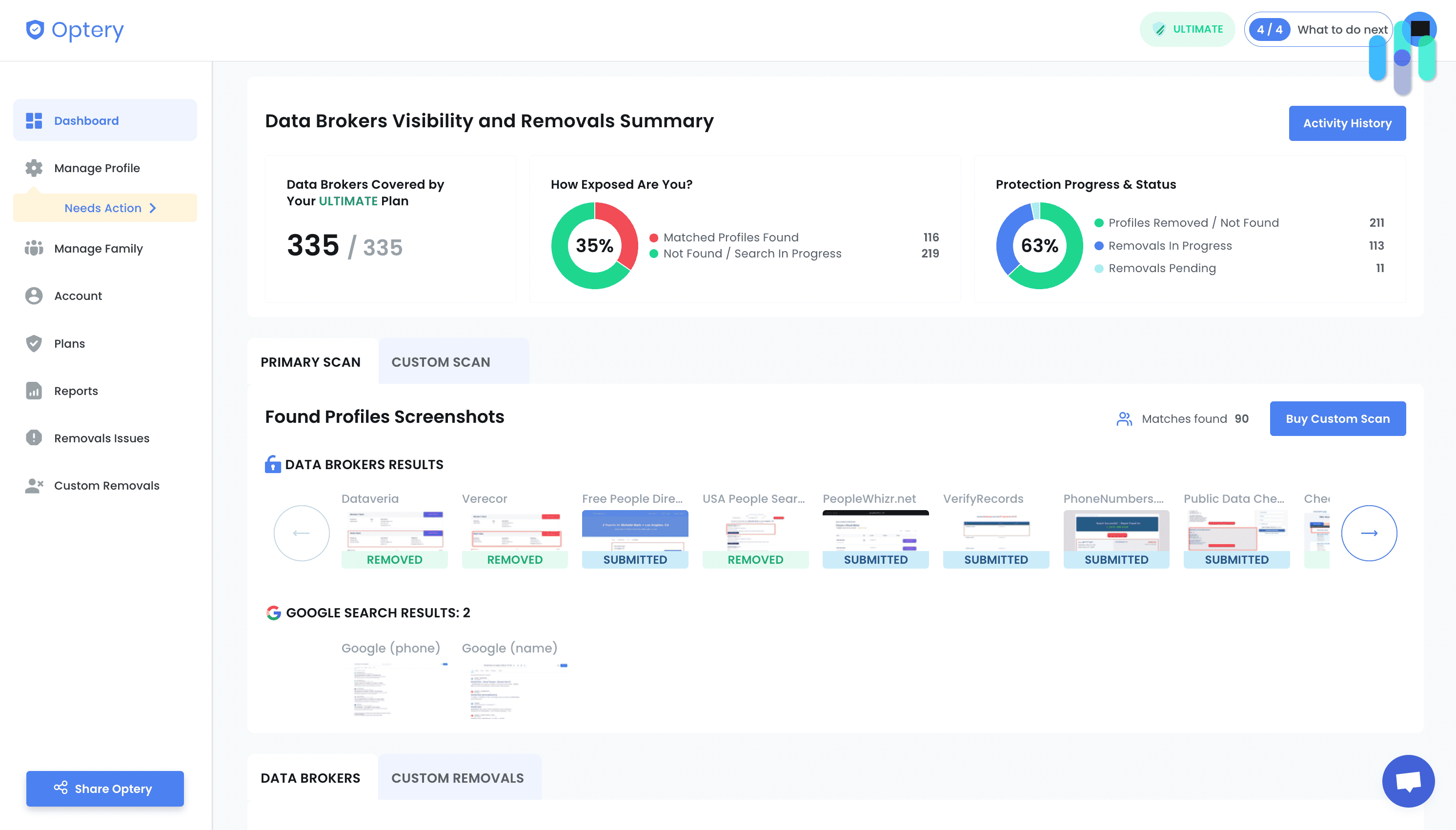 Optery dashboard