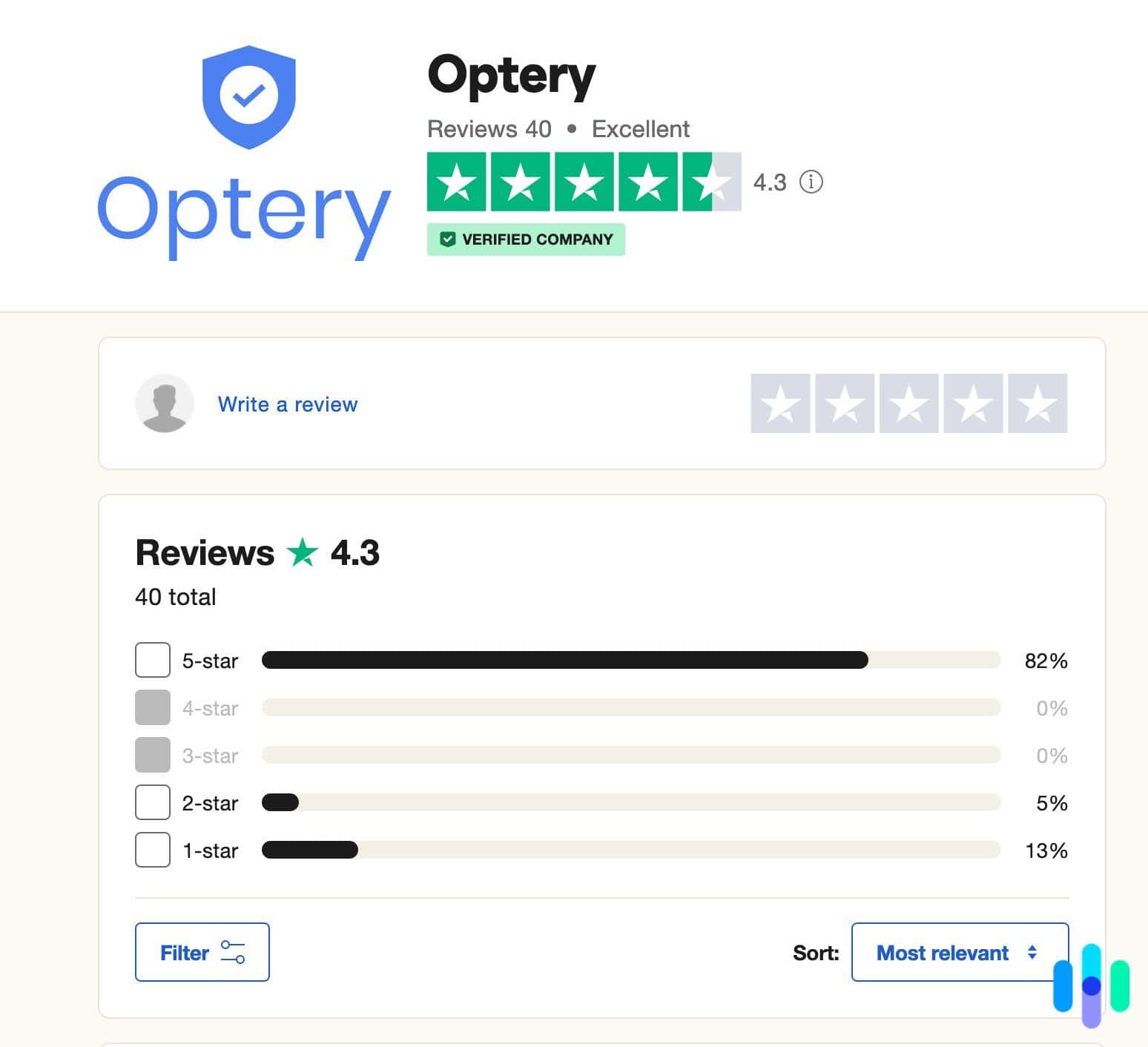 Optery's Trustpilot profile.