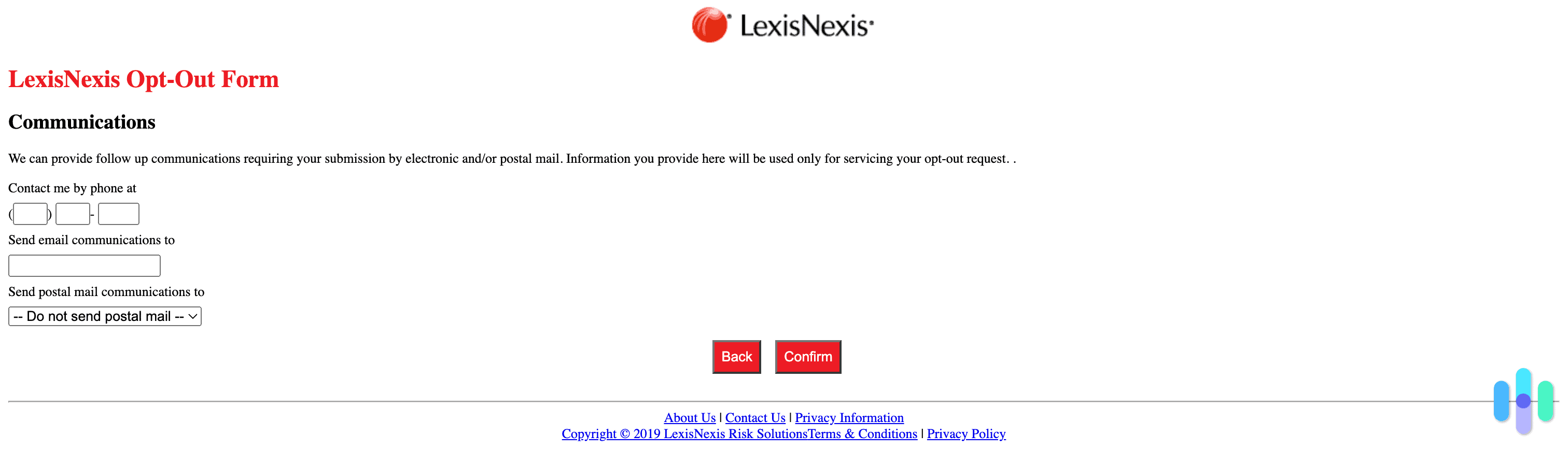 The LexisNexis opt out form communications section