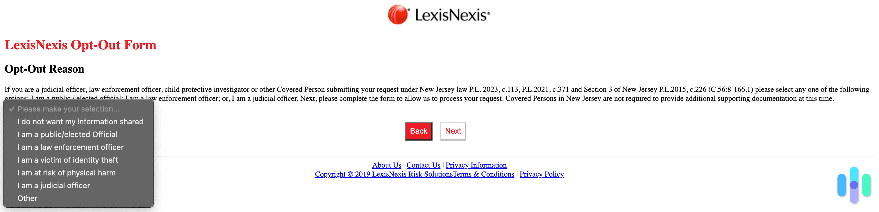The LexisNexis opt out form reason list