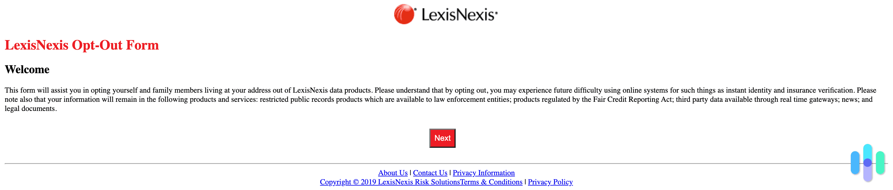 The LexisNexis opt out form welcome message