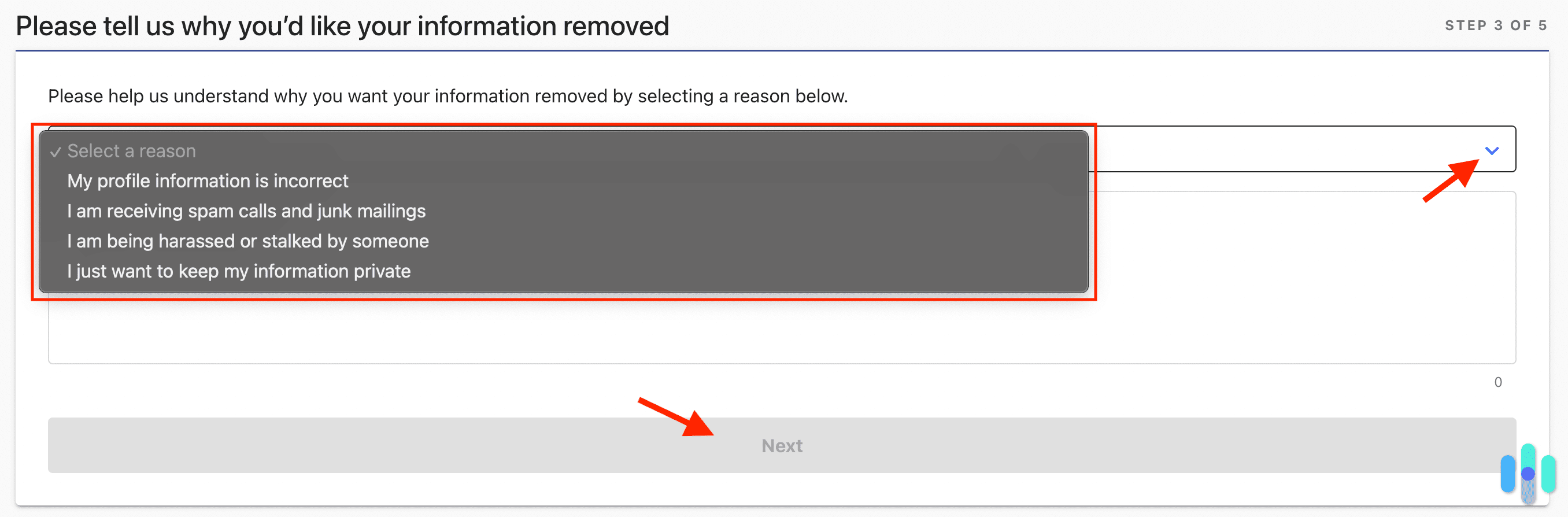 Whitepages opt out select reason