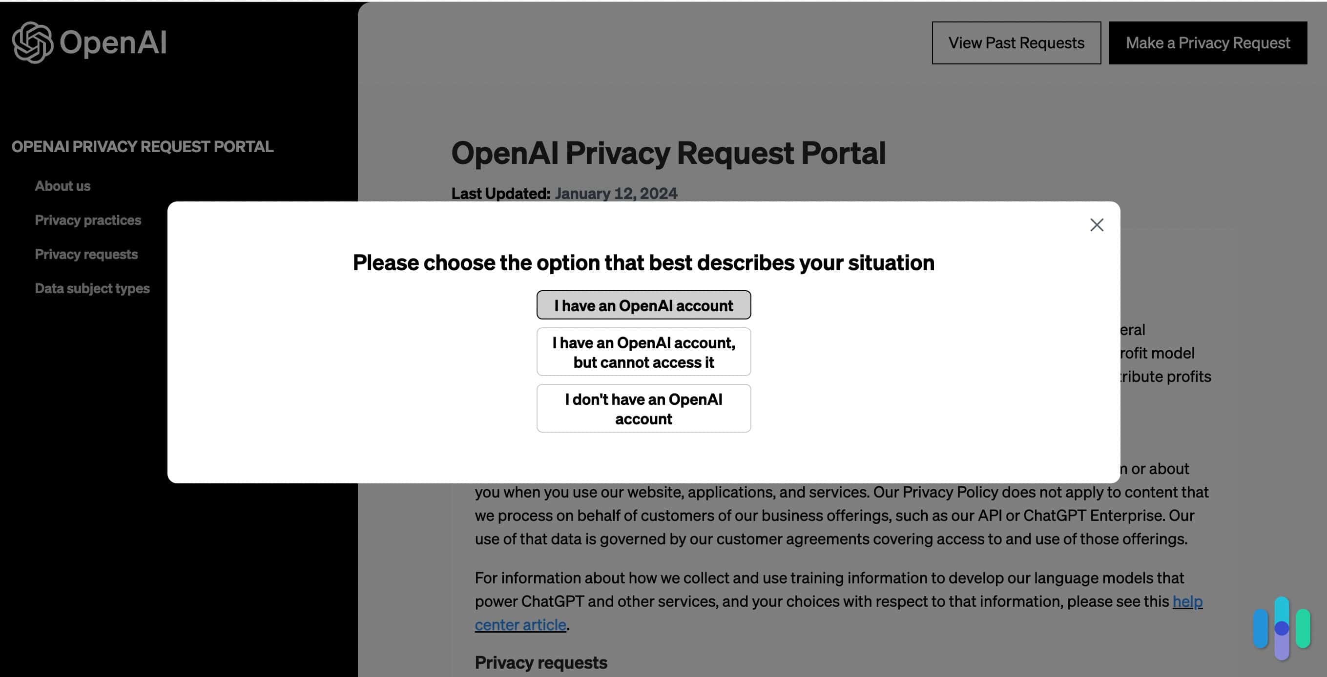Open AI Privacy Request portal