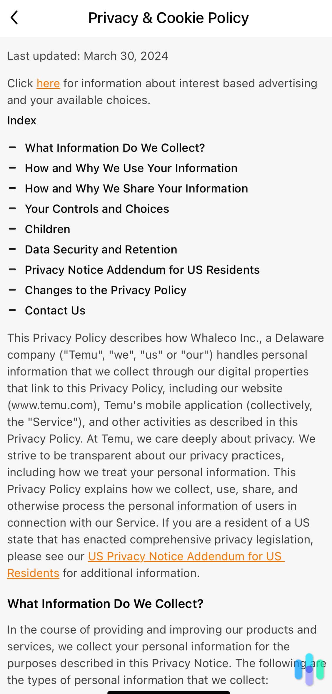 Temu Privacy and Cookie Policy mobile