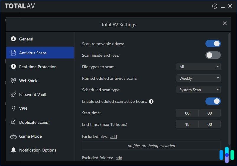 Here s the TotalAV settings page where we did most of the customizations to make sure it gave us enough malware protection