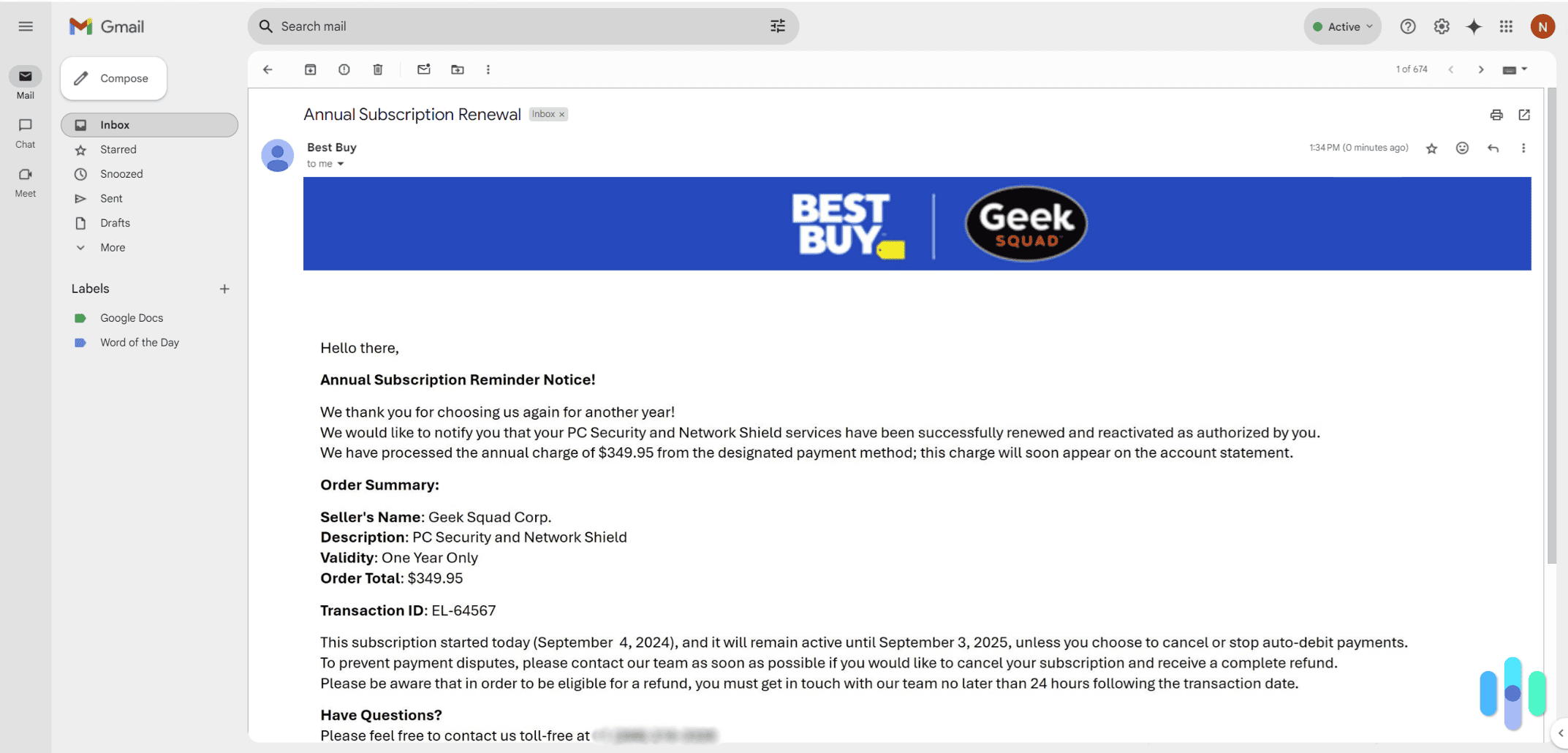 Receiving a Scam Email from Geek Squad