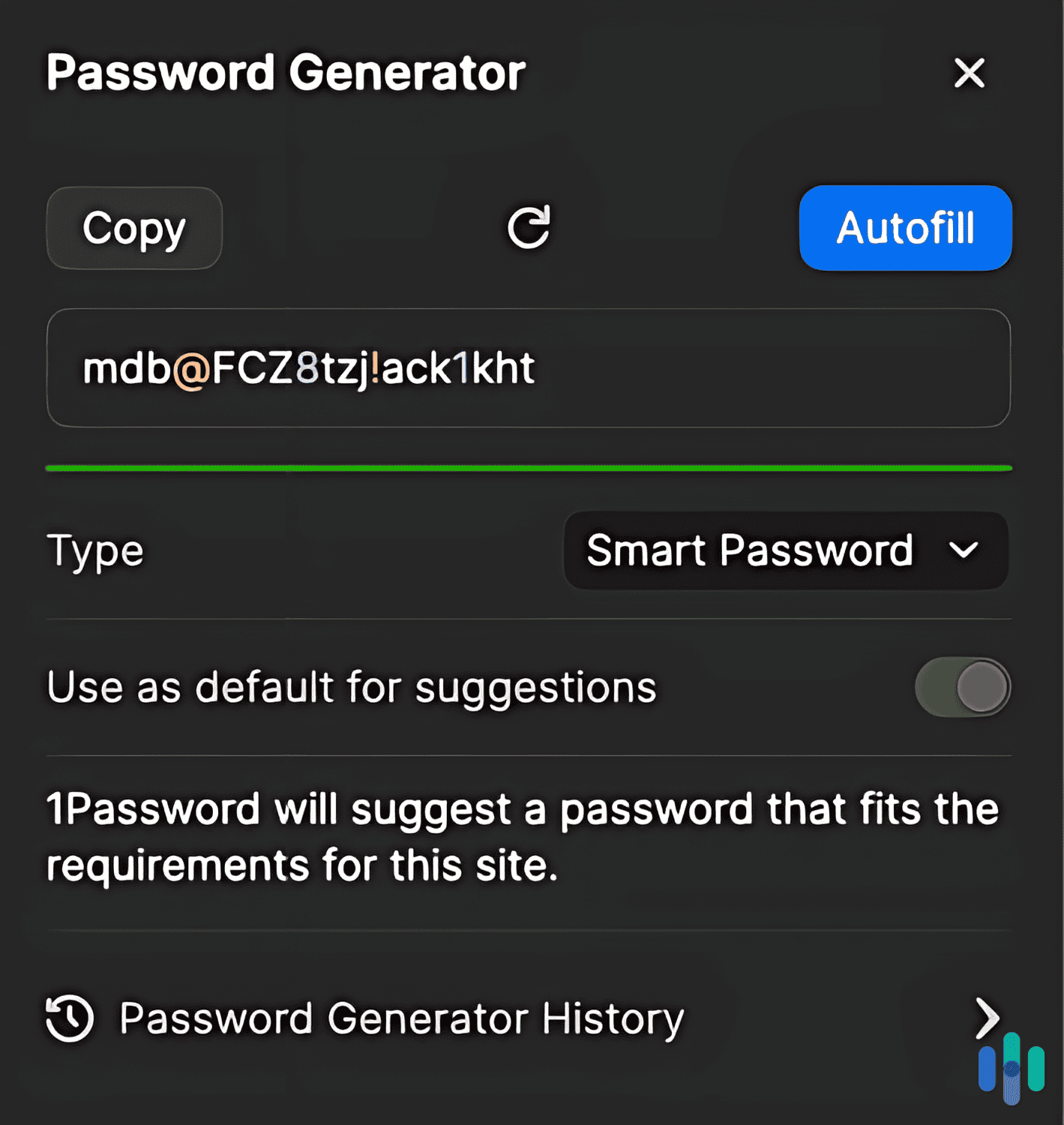 1Password’s Password Generator choosing the best password for the website we’re on.