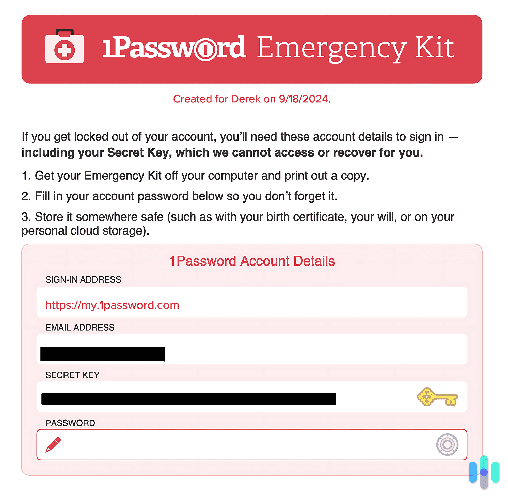 1Password takes security seriously, so much so that you’d need a 35-character Secret Key to recover your account if you’re locked out.