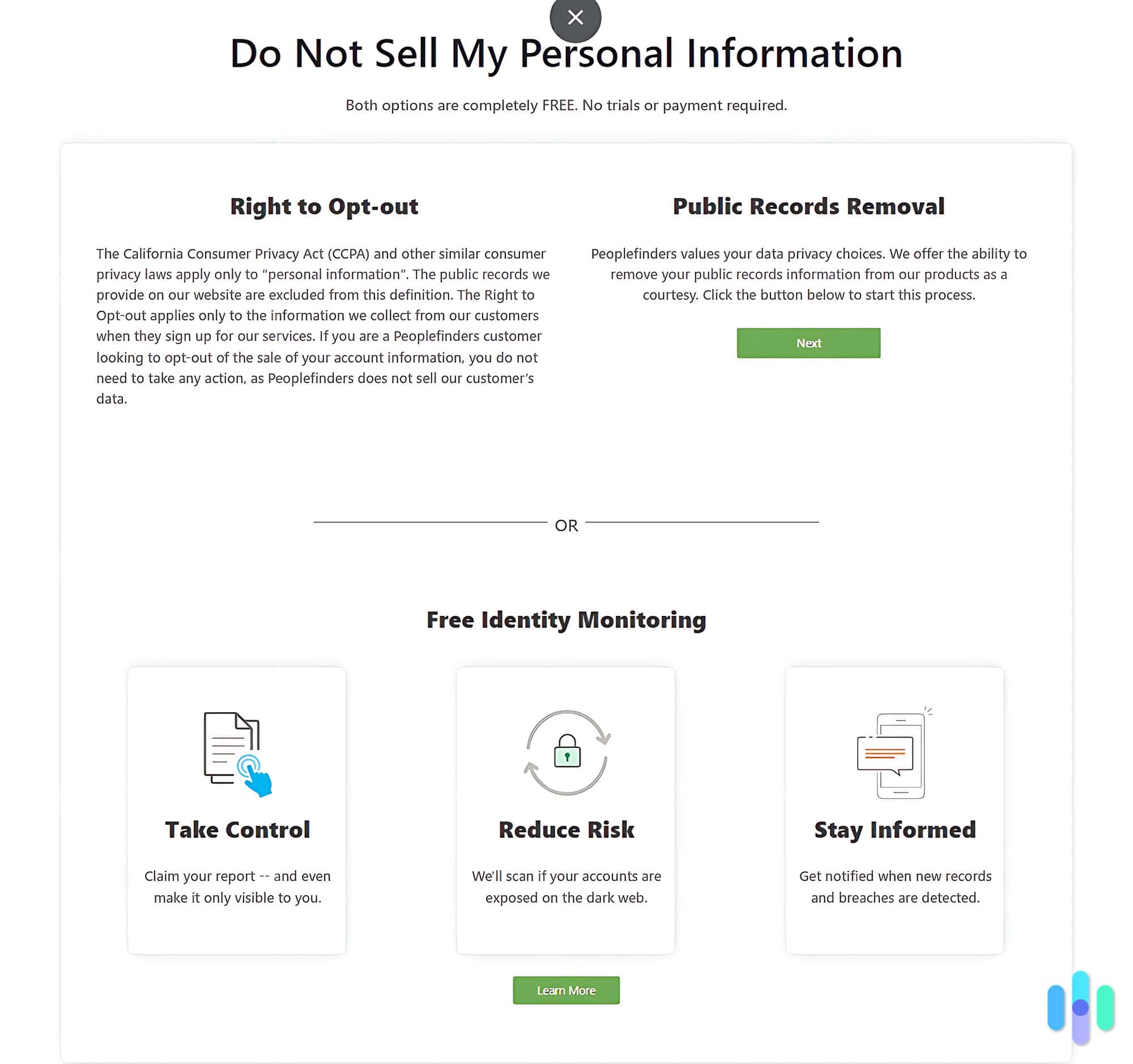 Before letting us opt out, PeopleFinders offered us free dark web monitoring.