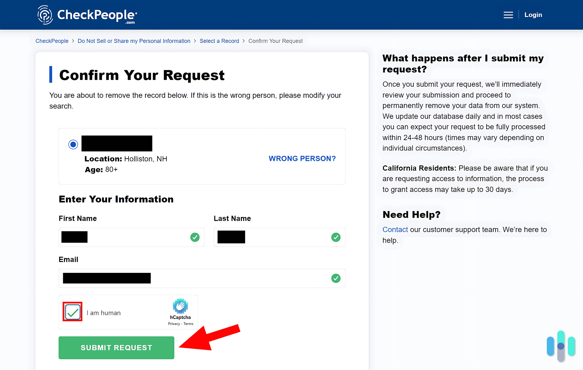 We confirmed our opt-out request from CheckPeople.