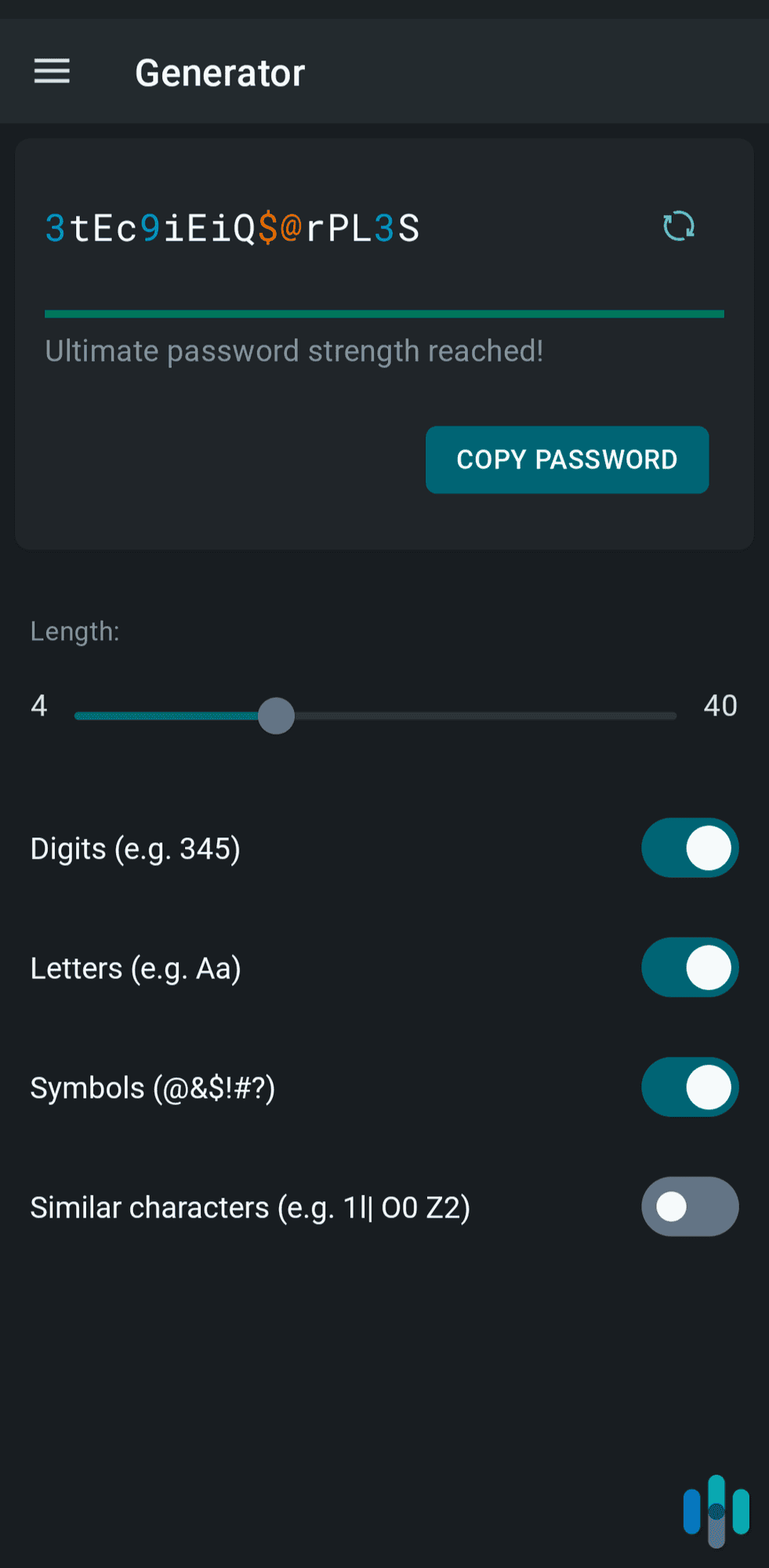 Generating new passwords on the Dashlane Android app