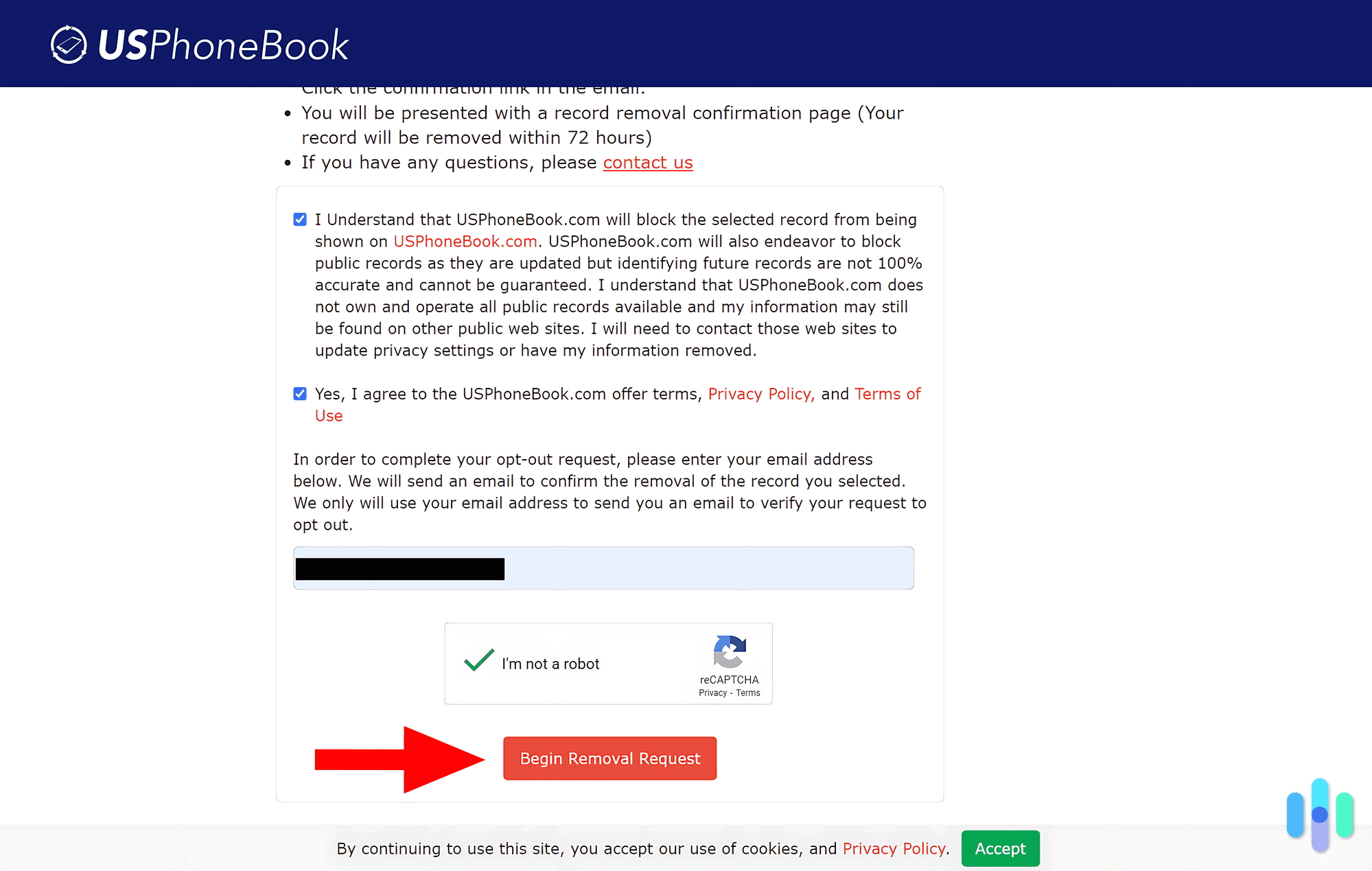 To start our USPhoneBook opt-out request, we provided our email and agreed to their terms and conditions.