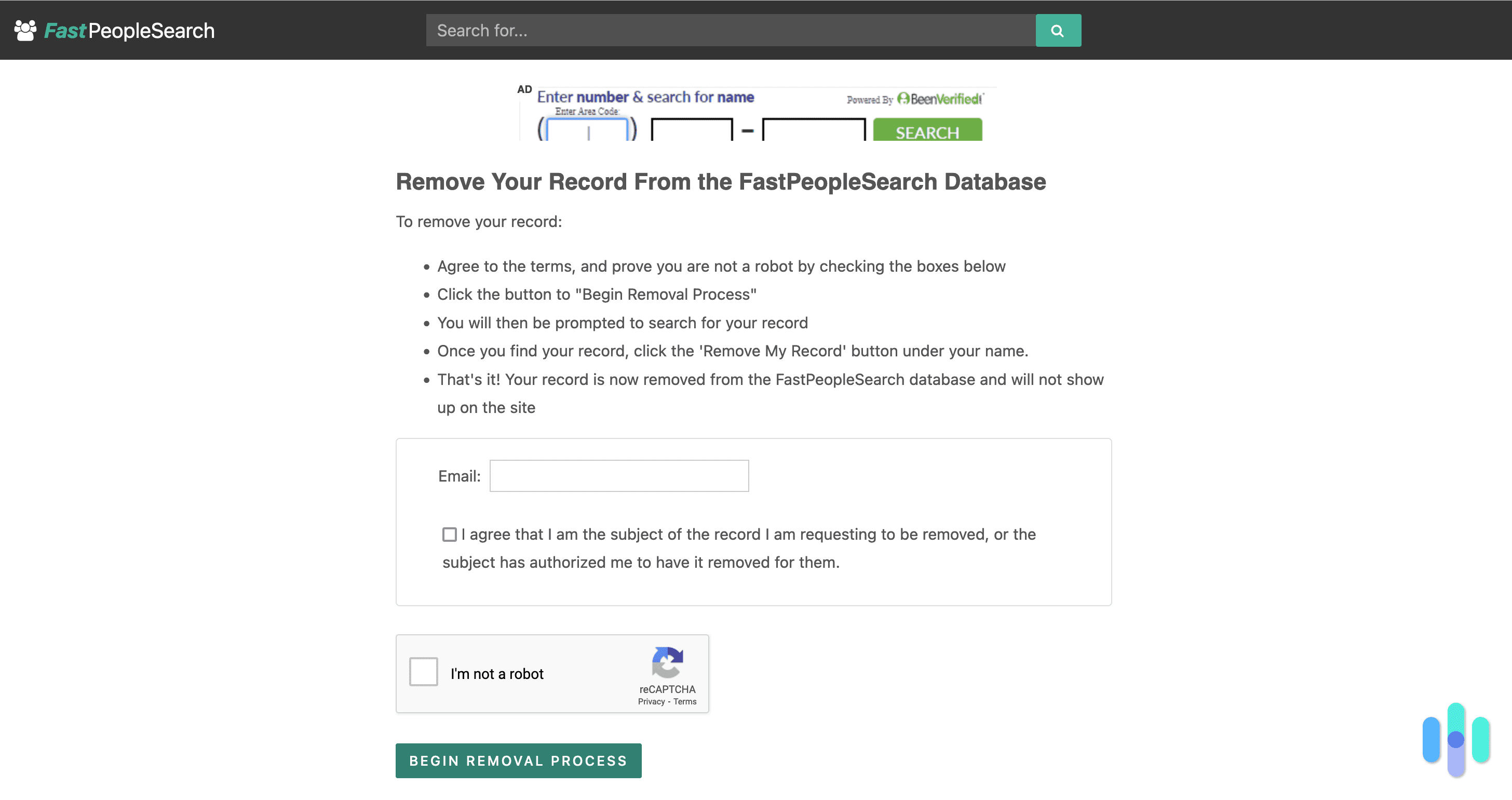 FastPeopleSearch’s removal screen.