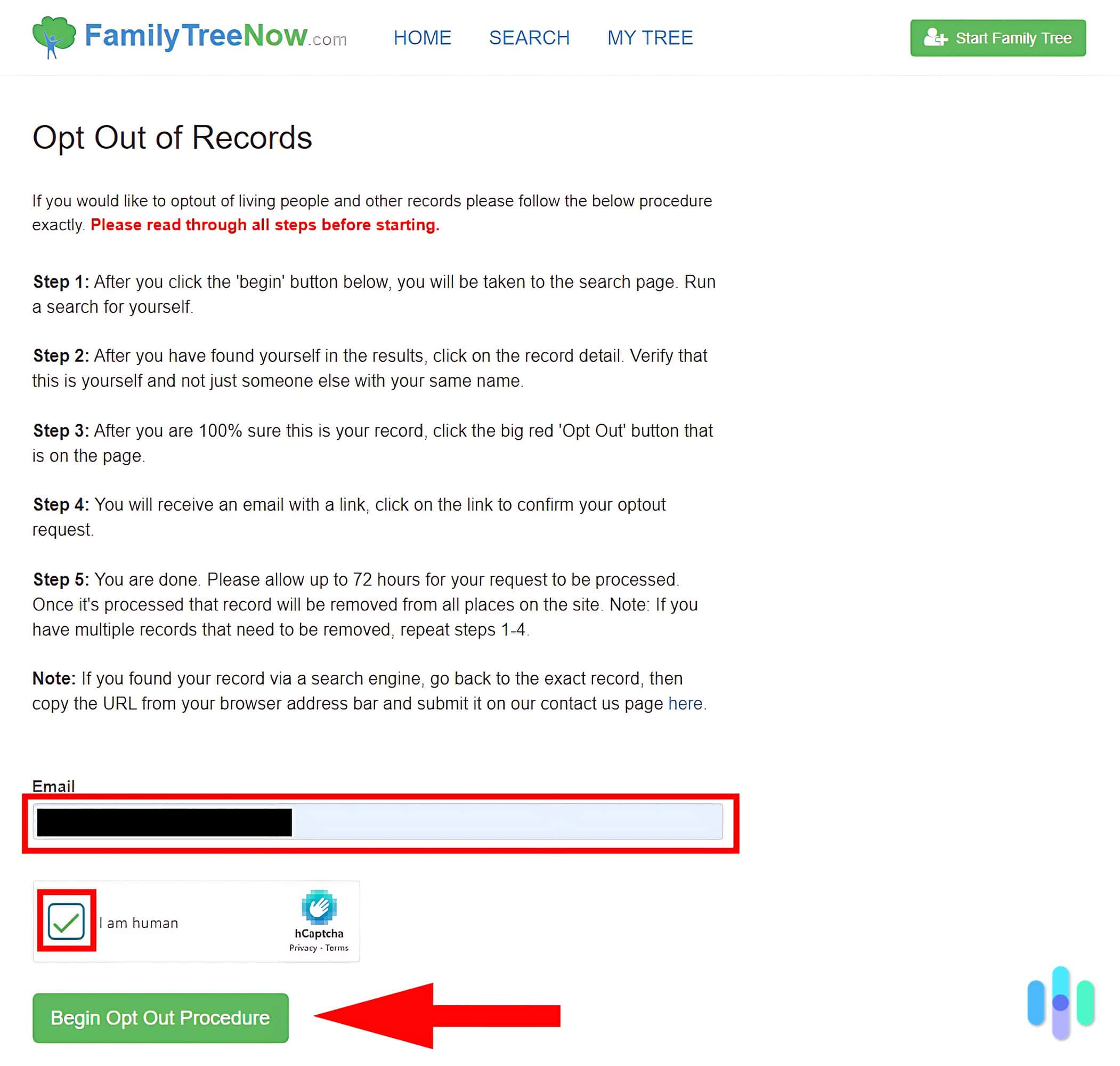 Fill in the information and verify you are human to begin the opt-out process.