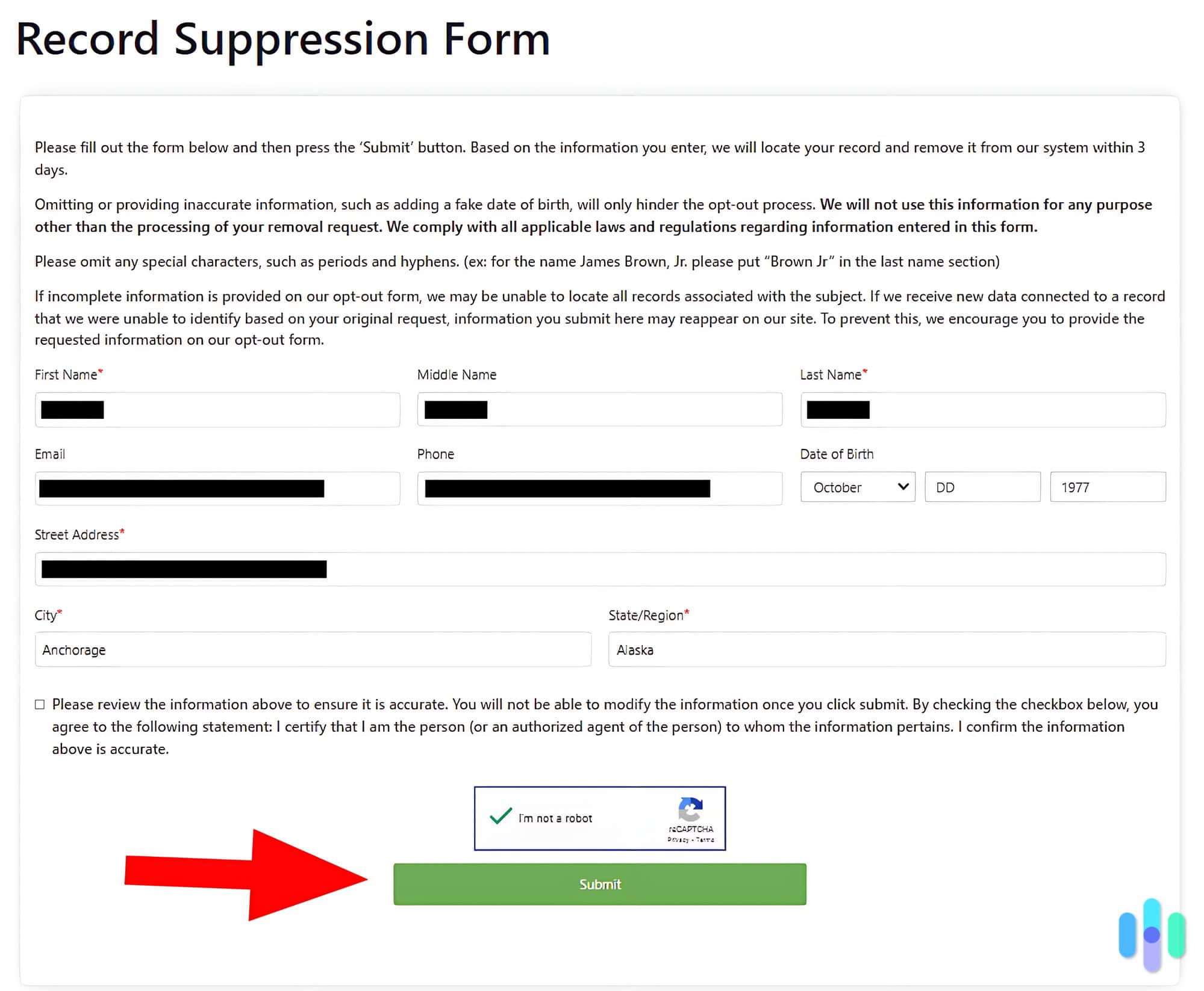 Fill out the Record Suppression Form with additional information about yourself.