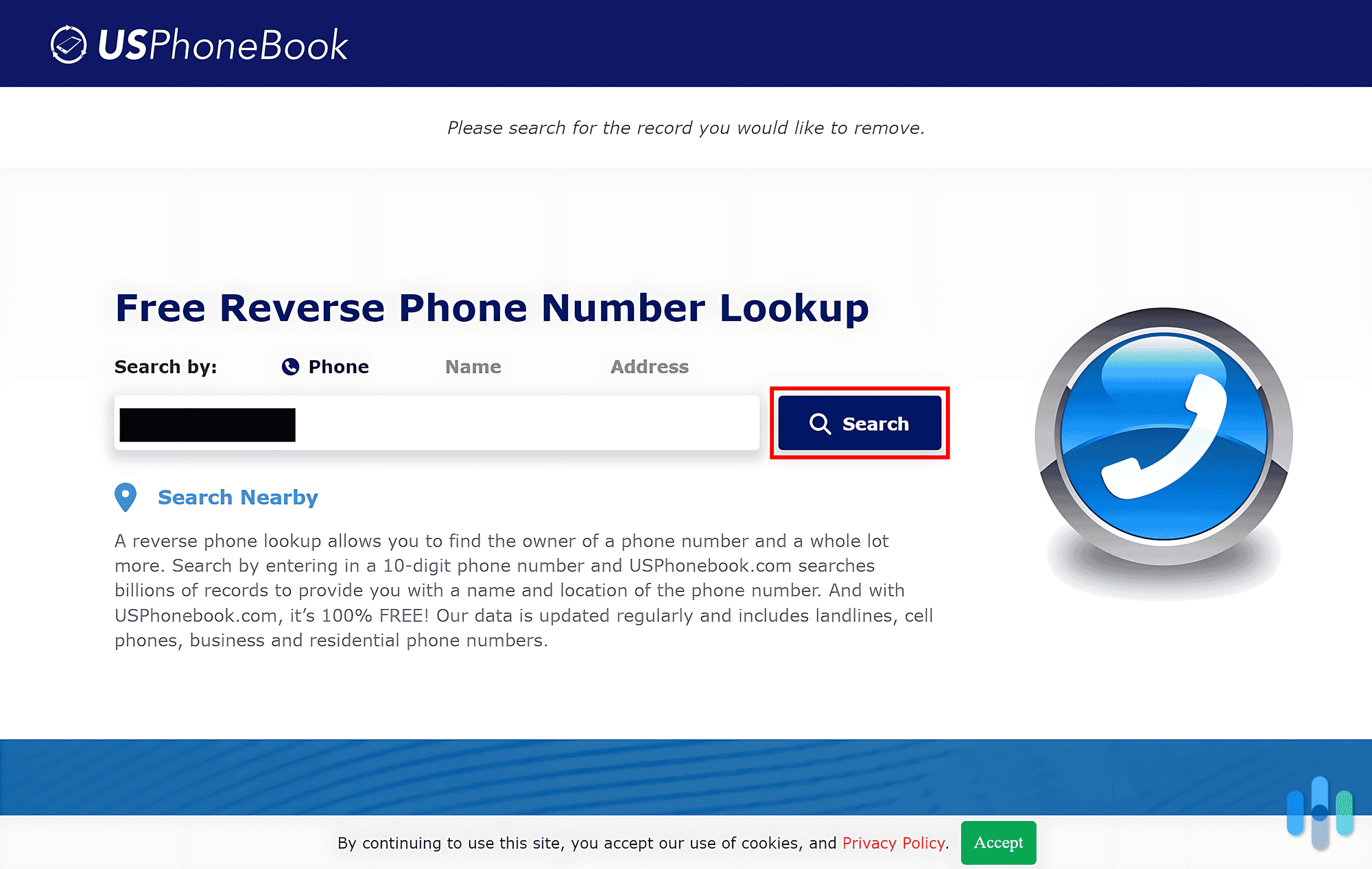 We searched for our record on USPhoneBook using our phone number.