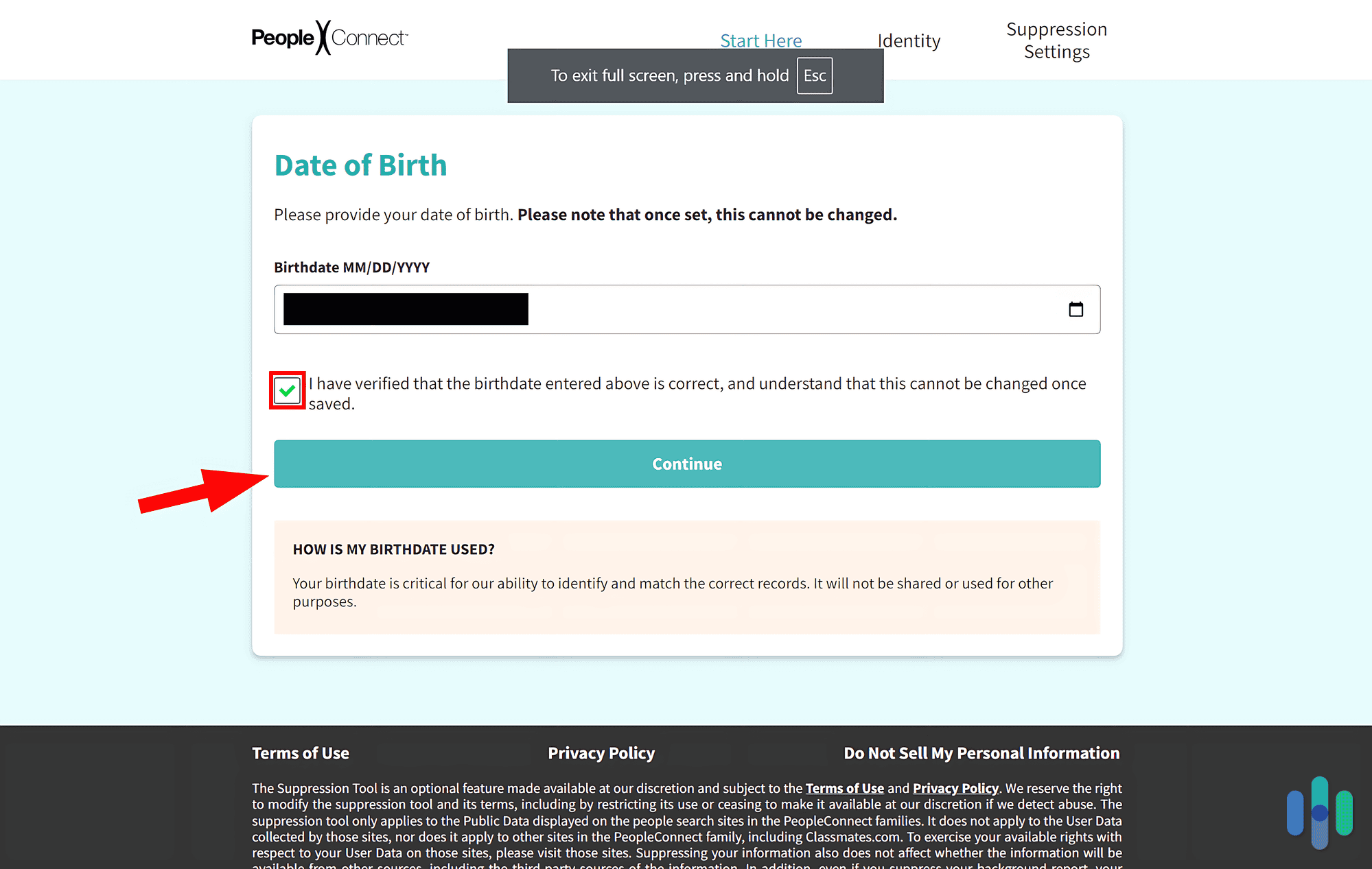 After your email, Intelius starts with requesting your birthdate before getting the rest of your information