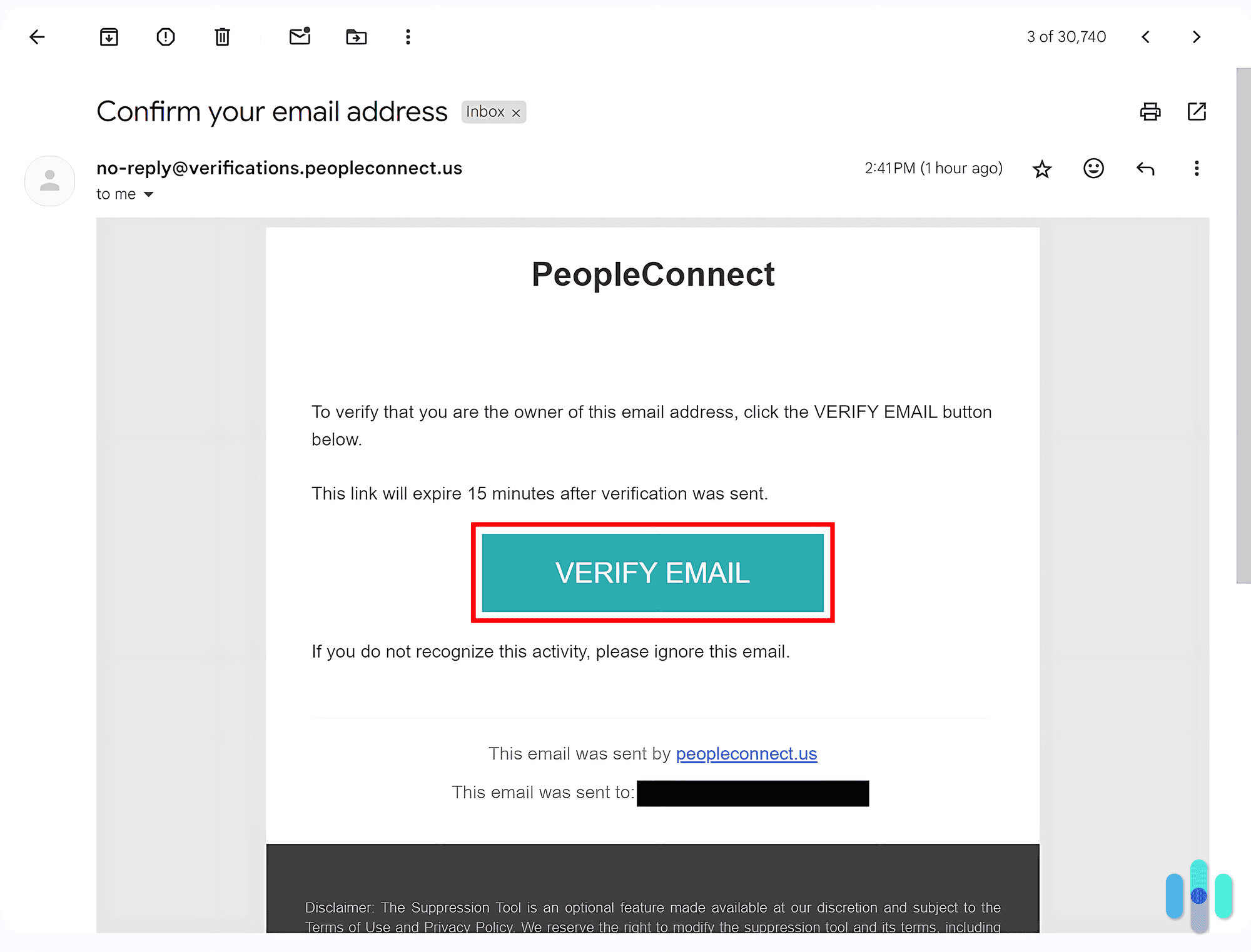 After putting in our email, Intelius sent us a verification button we had to click within 15 minutes