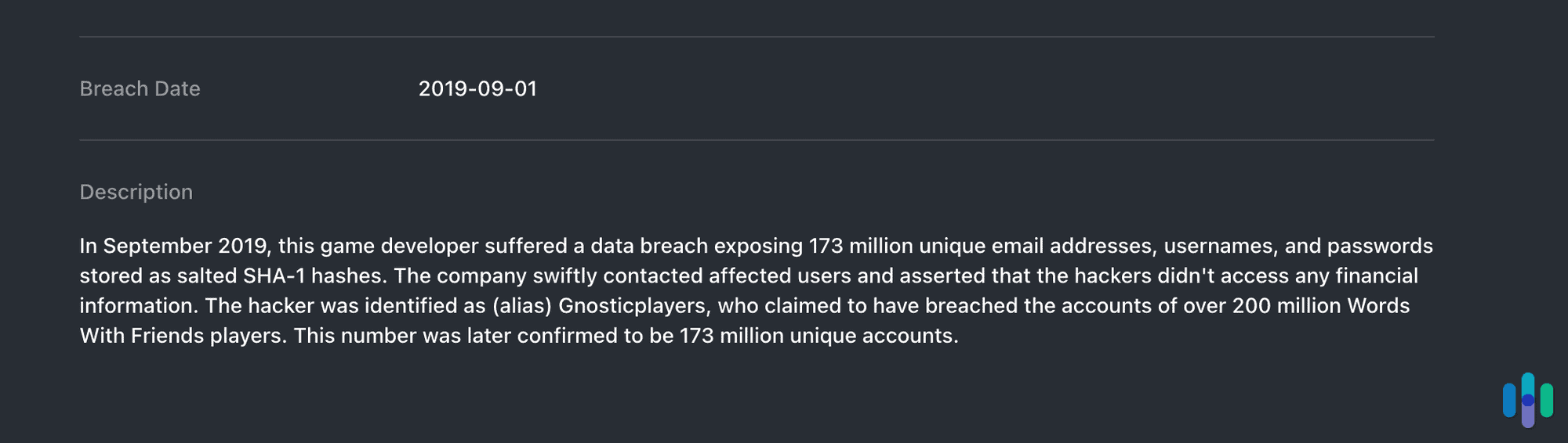 One of the descriptions from NordPass’ data breach scanner