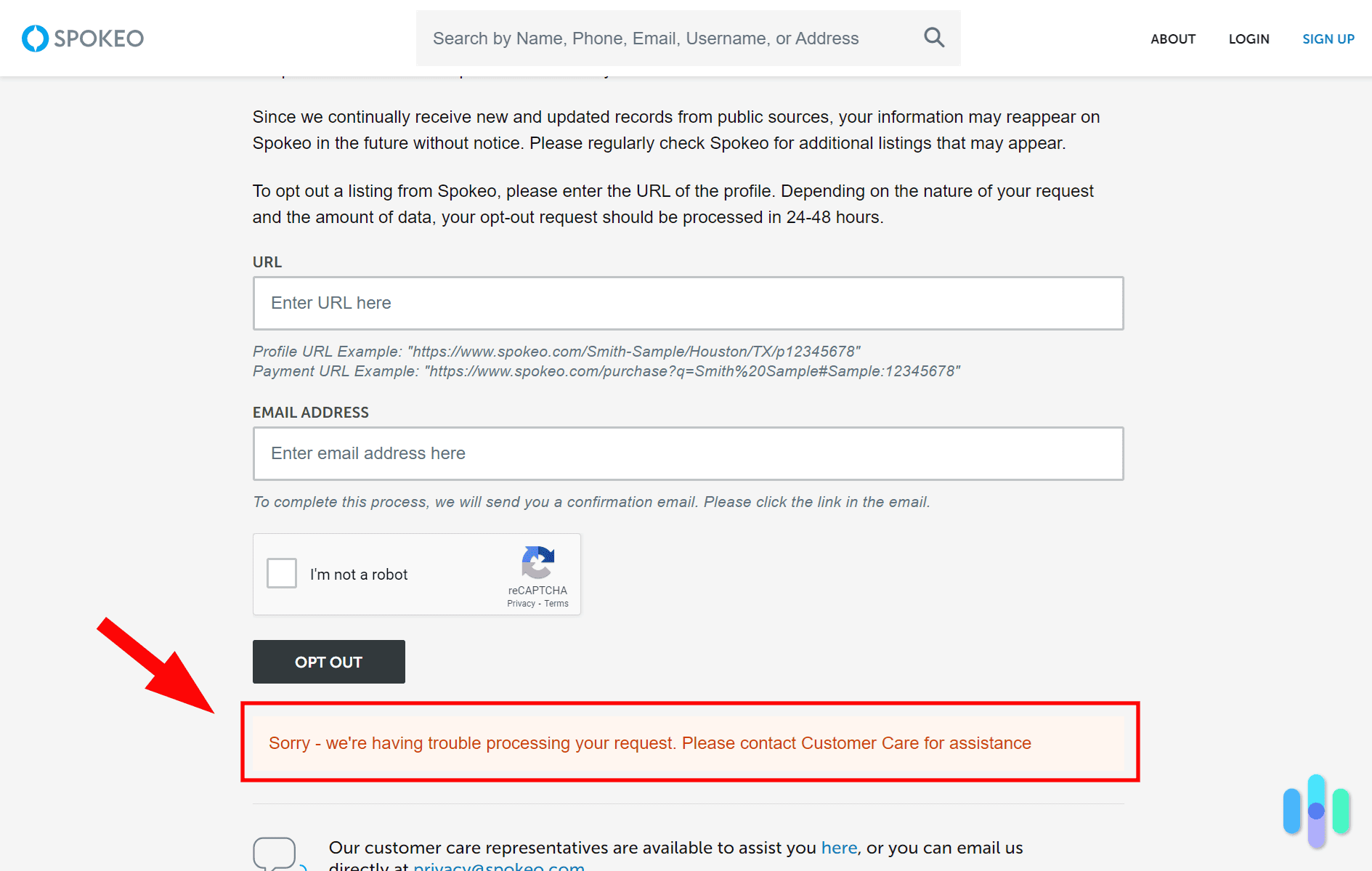 Spokeo failed to process our first request to opt-out.