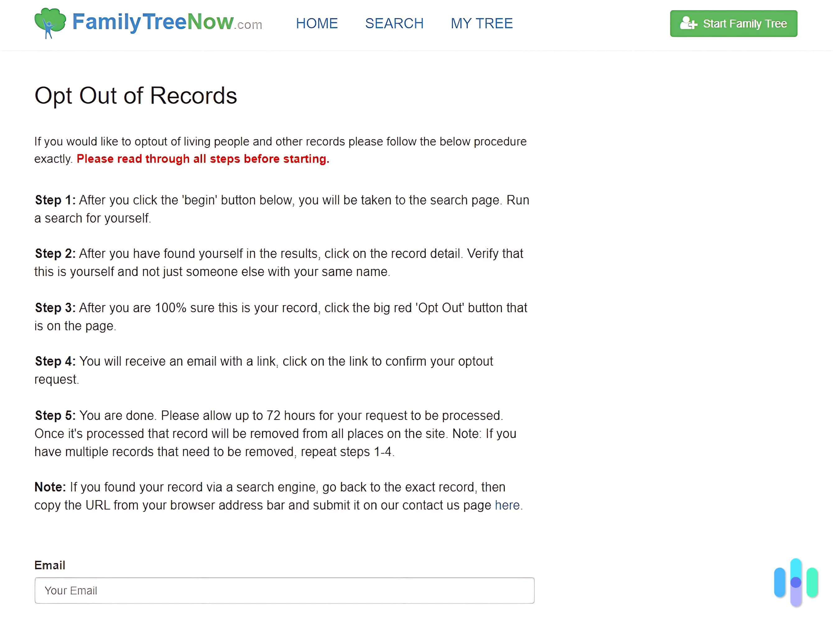 The first step is to find FamilyTreeNow’s opt-out page.