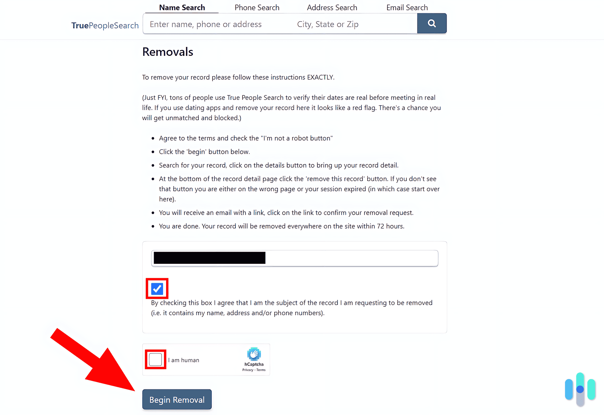 The first step of TruePeopleSearch.com’s data removal process.