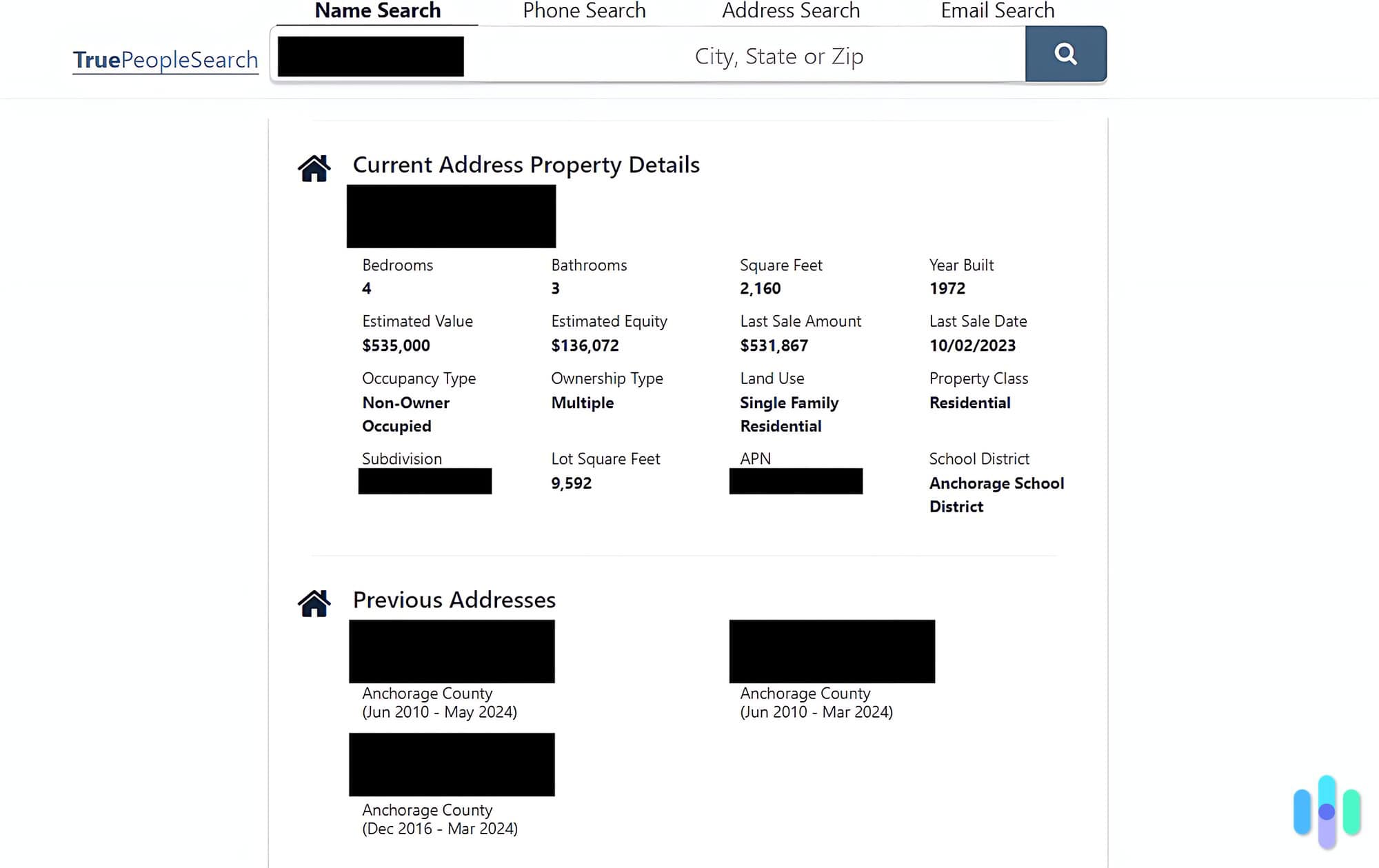 TruePeopleSearch.com’s profiles include Current Address Property Details.