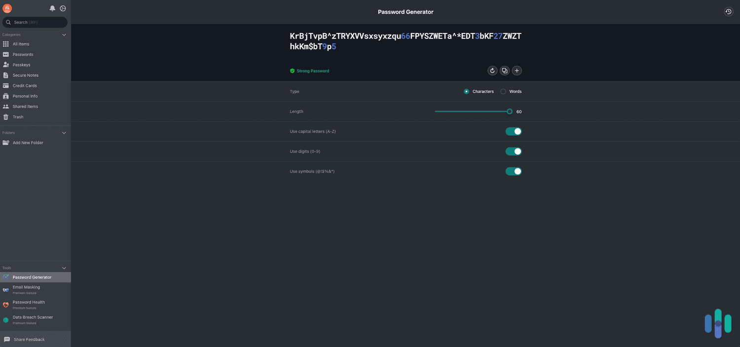 The NordPass password generator can create a random password up to 60 characters long.