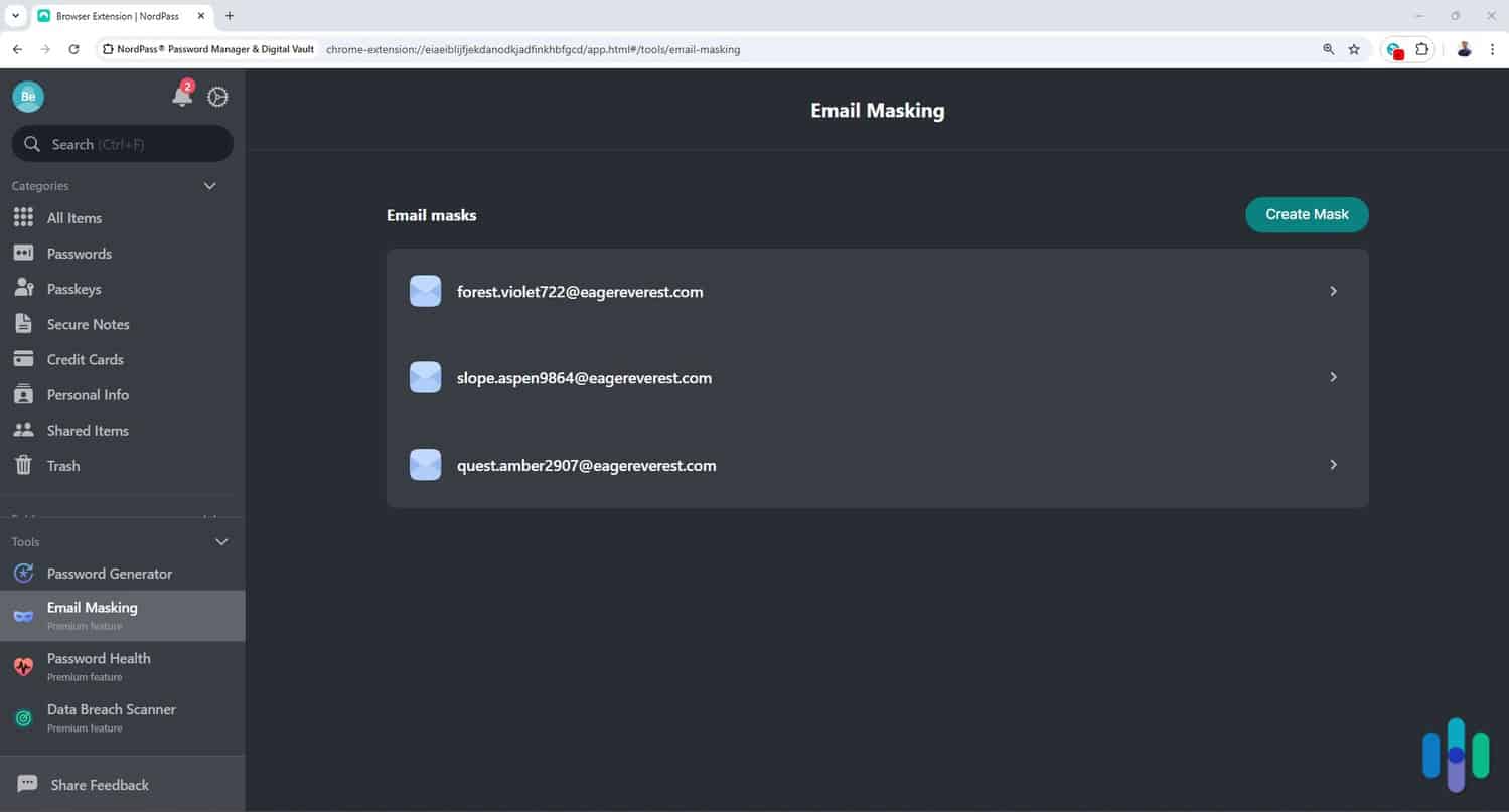 NordPass’ email masking feature in action.