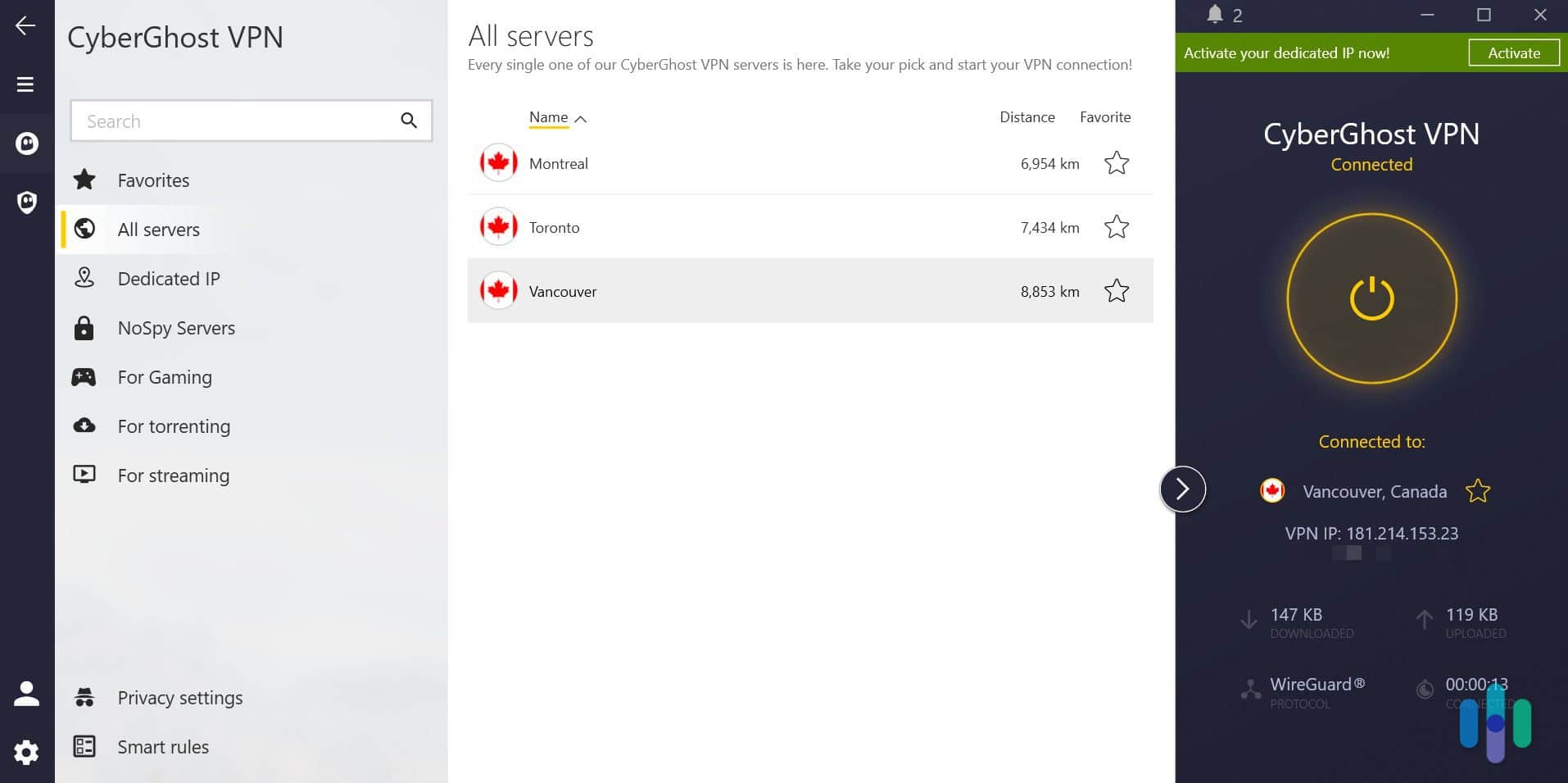 Connected to a CyberGhost VPN server in Vancouver.