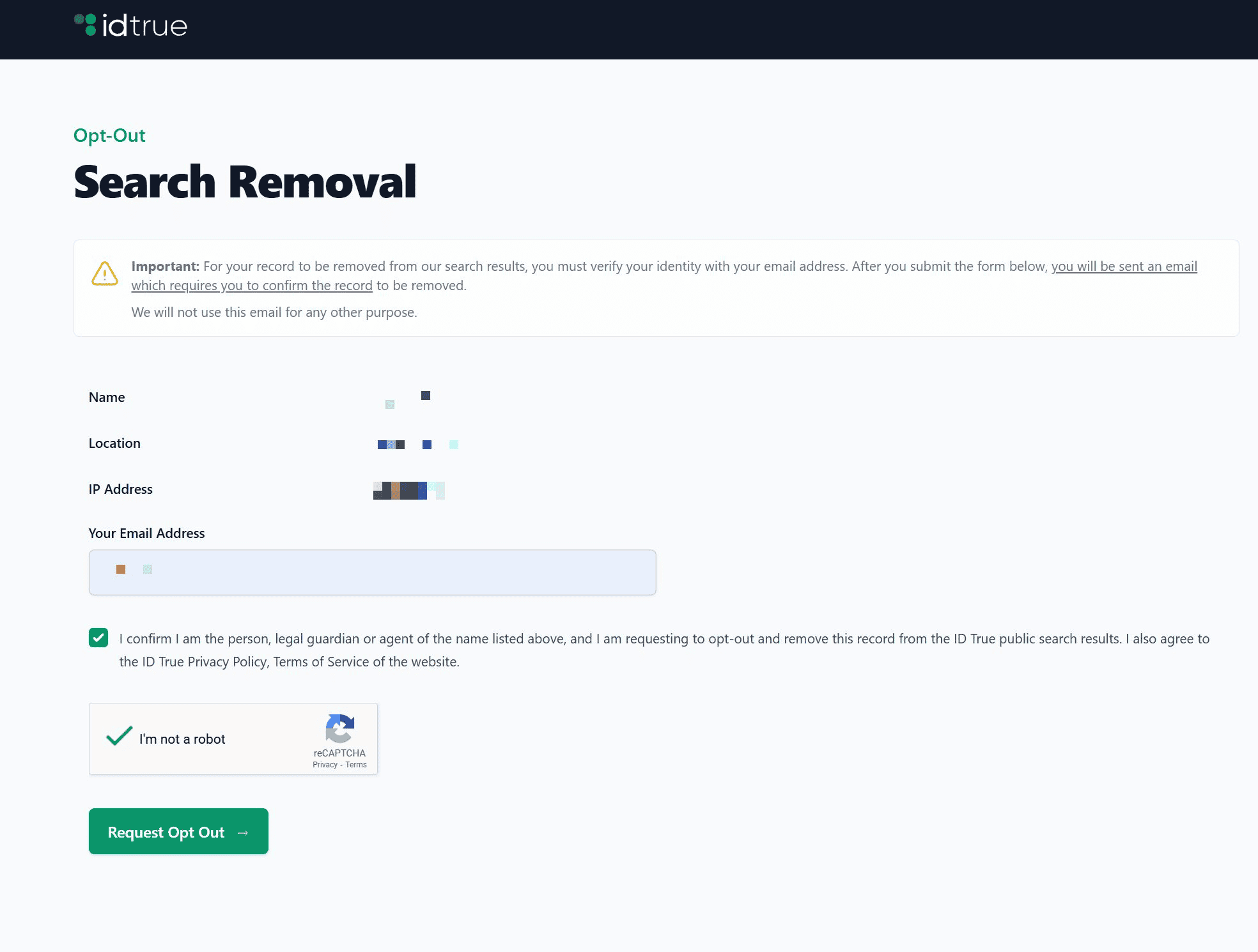 Enter your email address and confirm the data removal request.