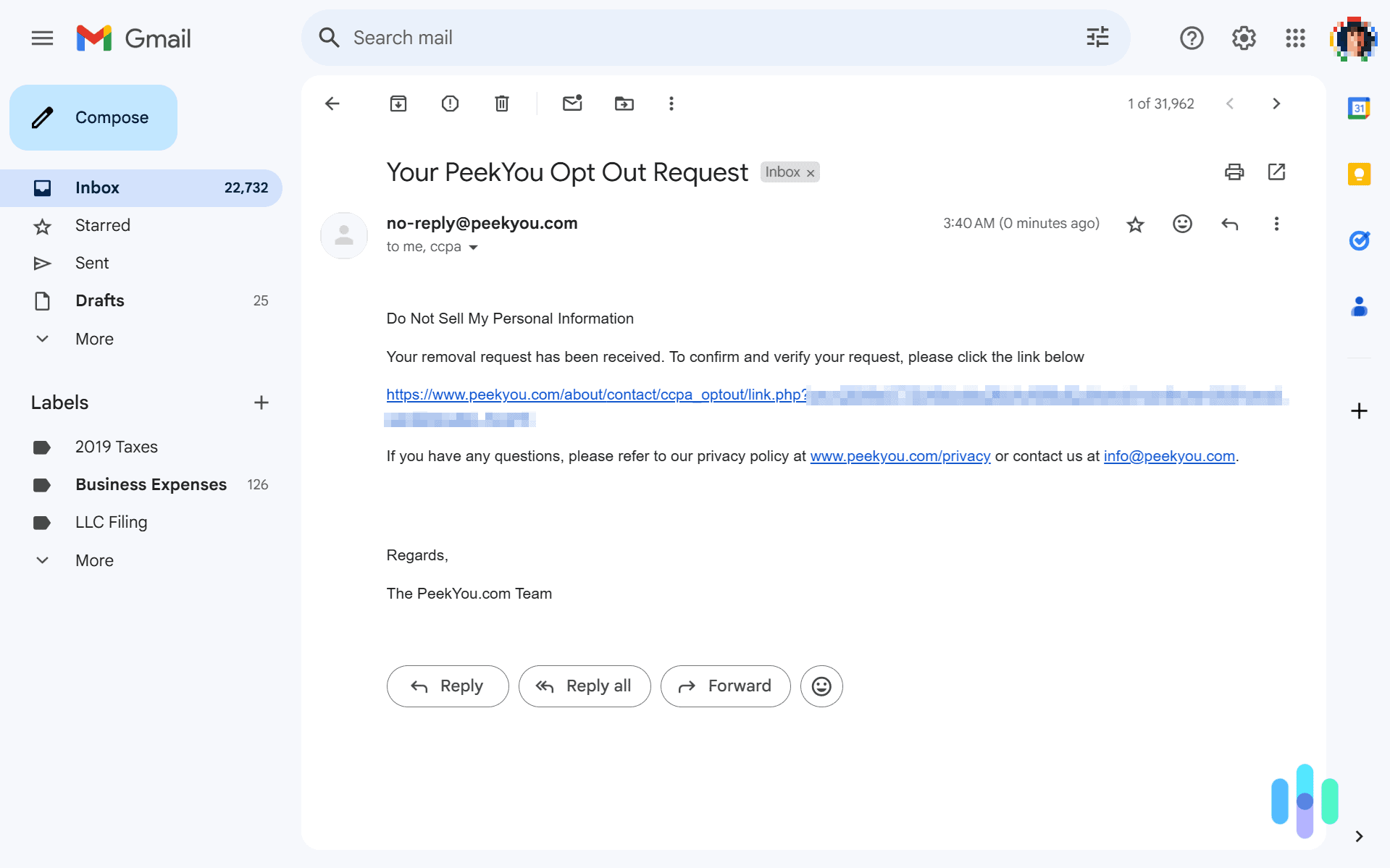 Here’s the email PeekYou sent us to confirm our opt out request.