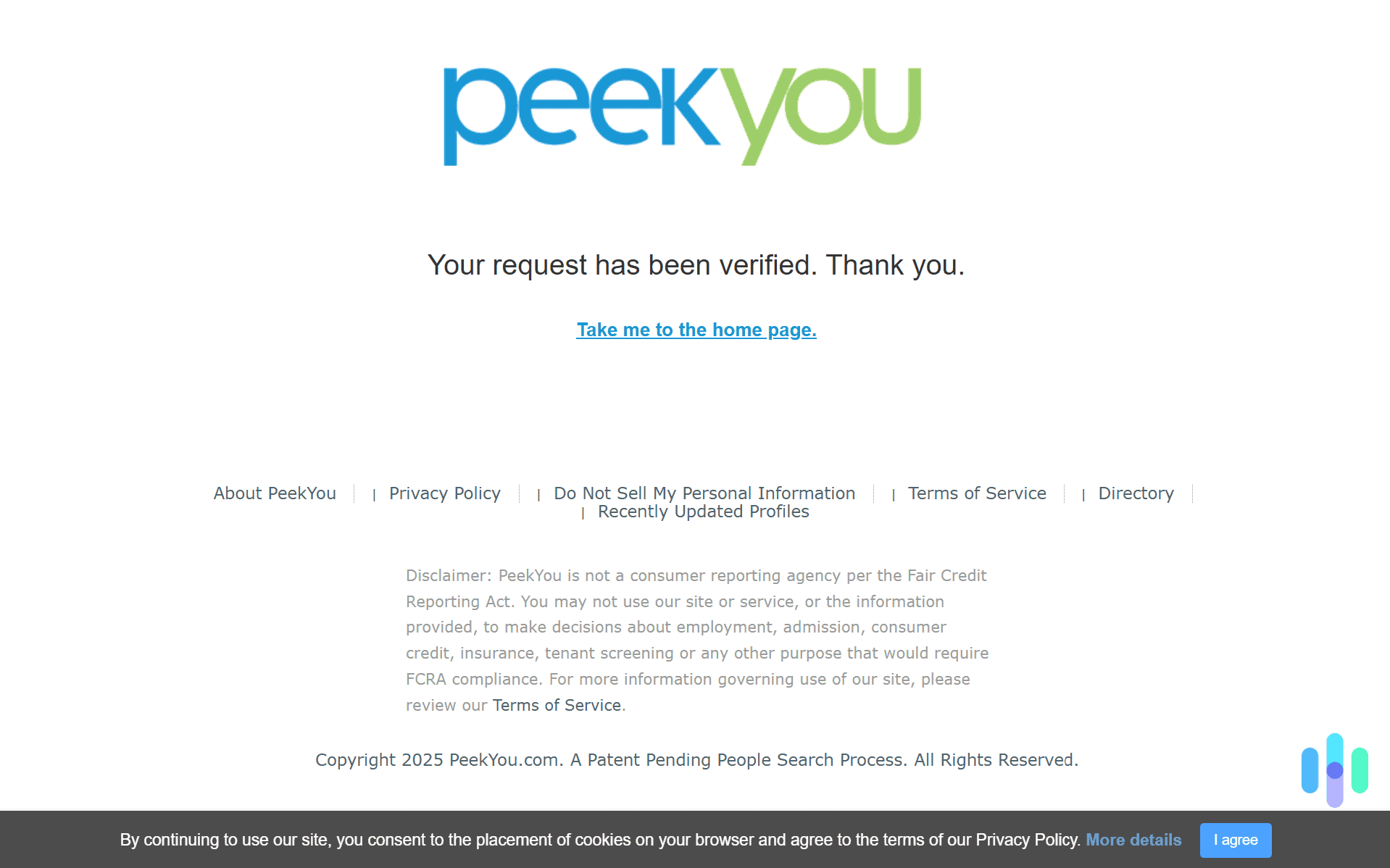 Once verified, PeekYou will remove all the information associated with the profile you opted out.