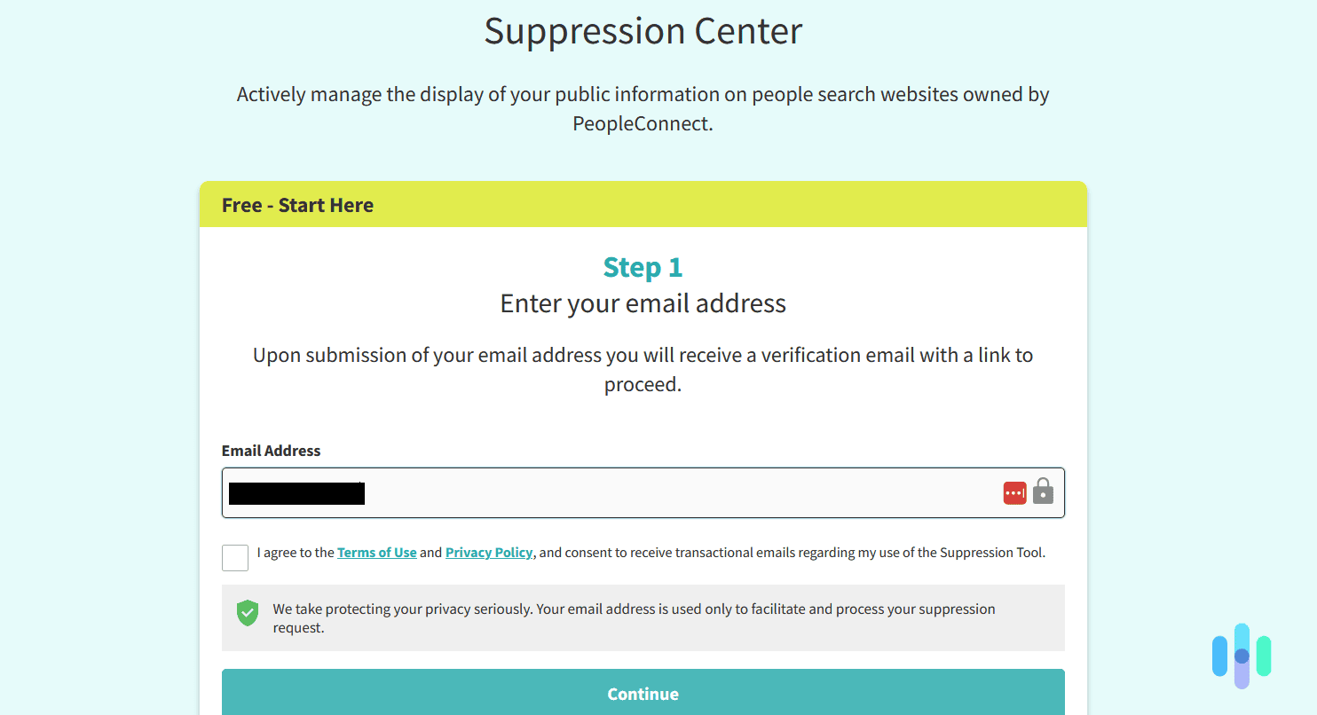 The PeopleConnect Suppression Center lets you manager you information across three different data broker platforms