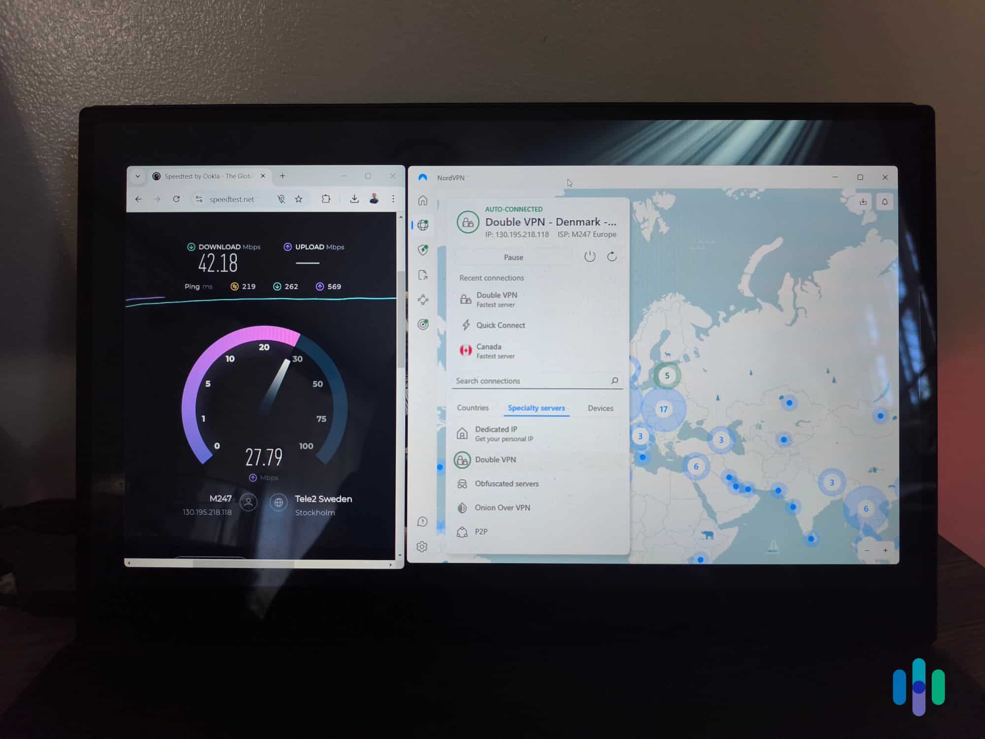 Even with the fastest double VPN server NordVPN selected for us, our speed declined significantly