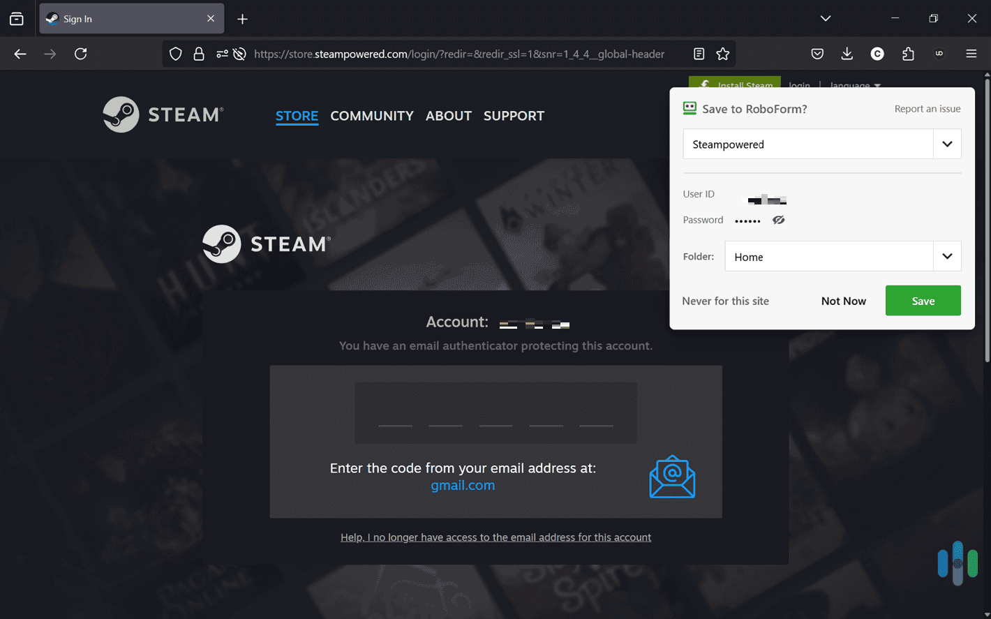 We saved the login to our Steam account using RoboForm’s Firefox extension.