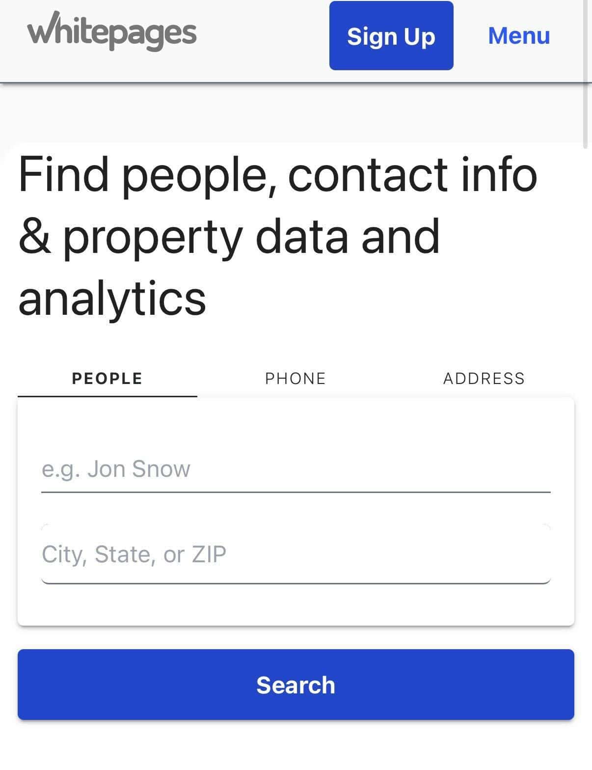 Homepage of the Whitepages on iPhone