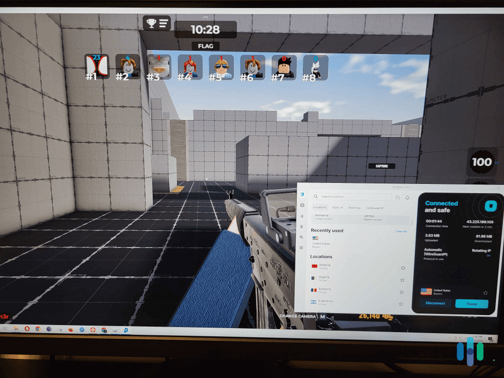 It took us less than ten seconds to connect to one of Surfshark's servers and start playing Gunfight Arena on Roblox.