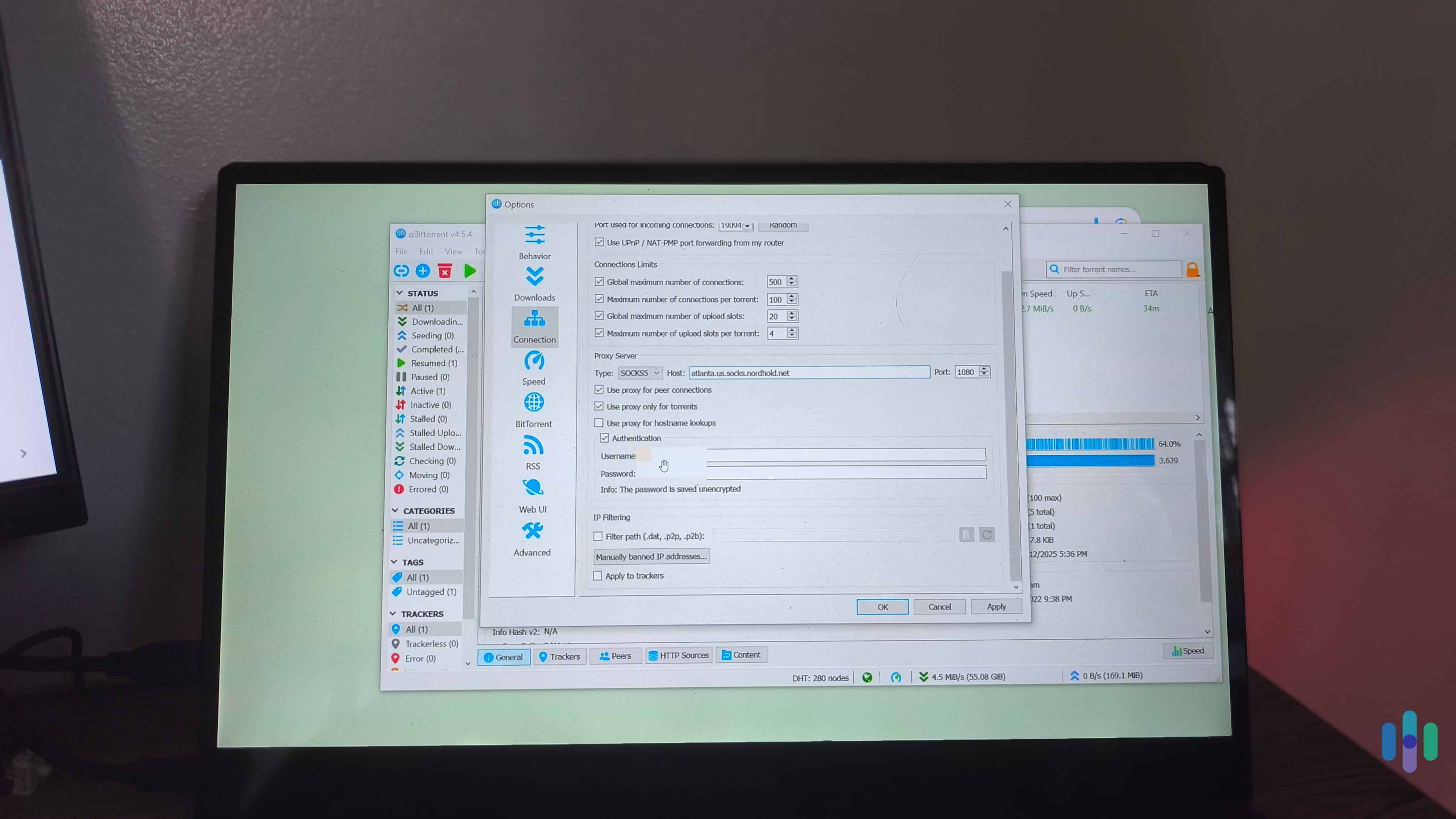 It took us less than three minutes to manually set up NordVPN's SOCKS5 proxy server in our qBIttorrent client.