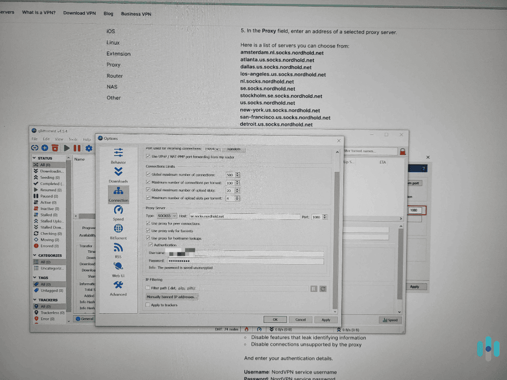 NordVPN's SOCKS5 proxy setup guides made it very easy for us to configure one of its SOCKS5 servers in our qBittorrent app.