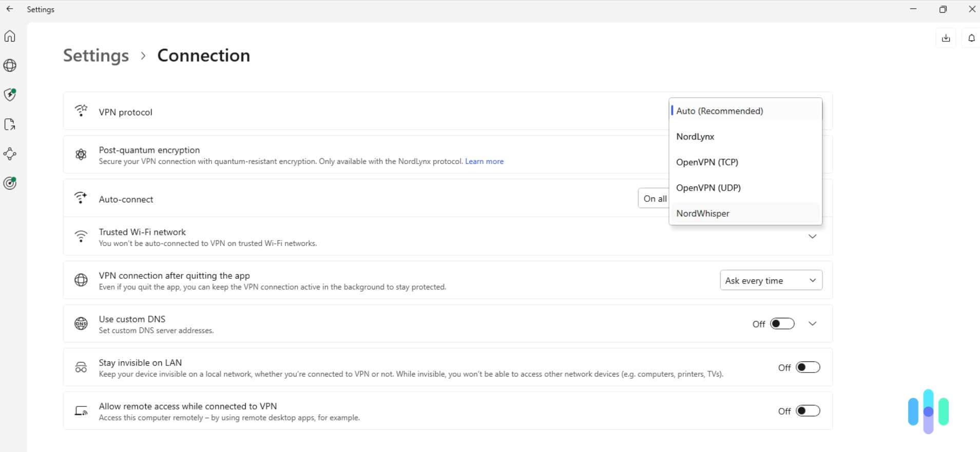 NordVPN’s Windows app let us choose between OpenVPN (TCP or UDP), NordLynx, and NordWhisper