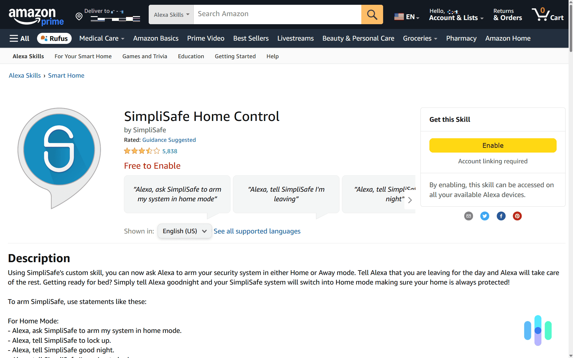 We enabled the Alexa Skill for our SimpliSafe security system on the Amazon website.