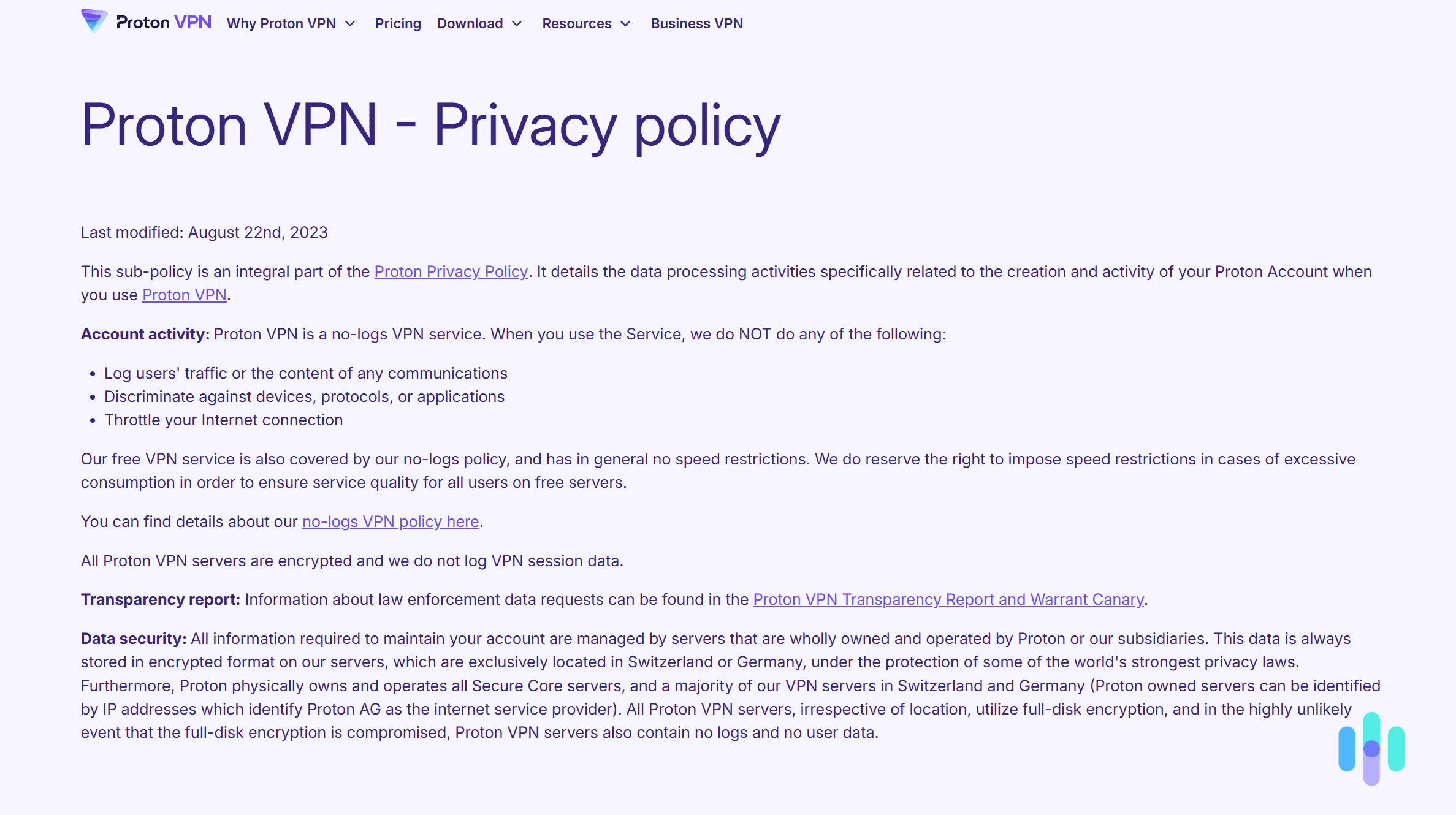 We checked out Proton VPN's privacy policy to confirm that the free version doesn't log any user data.