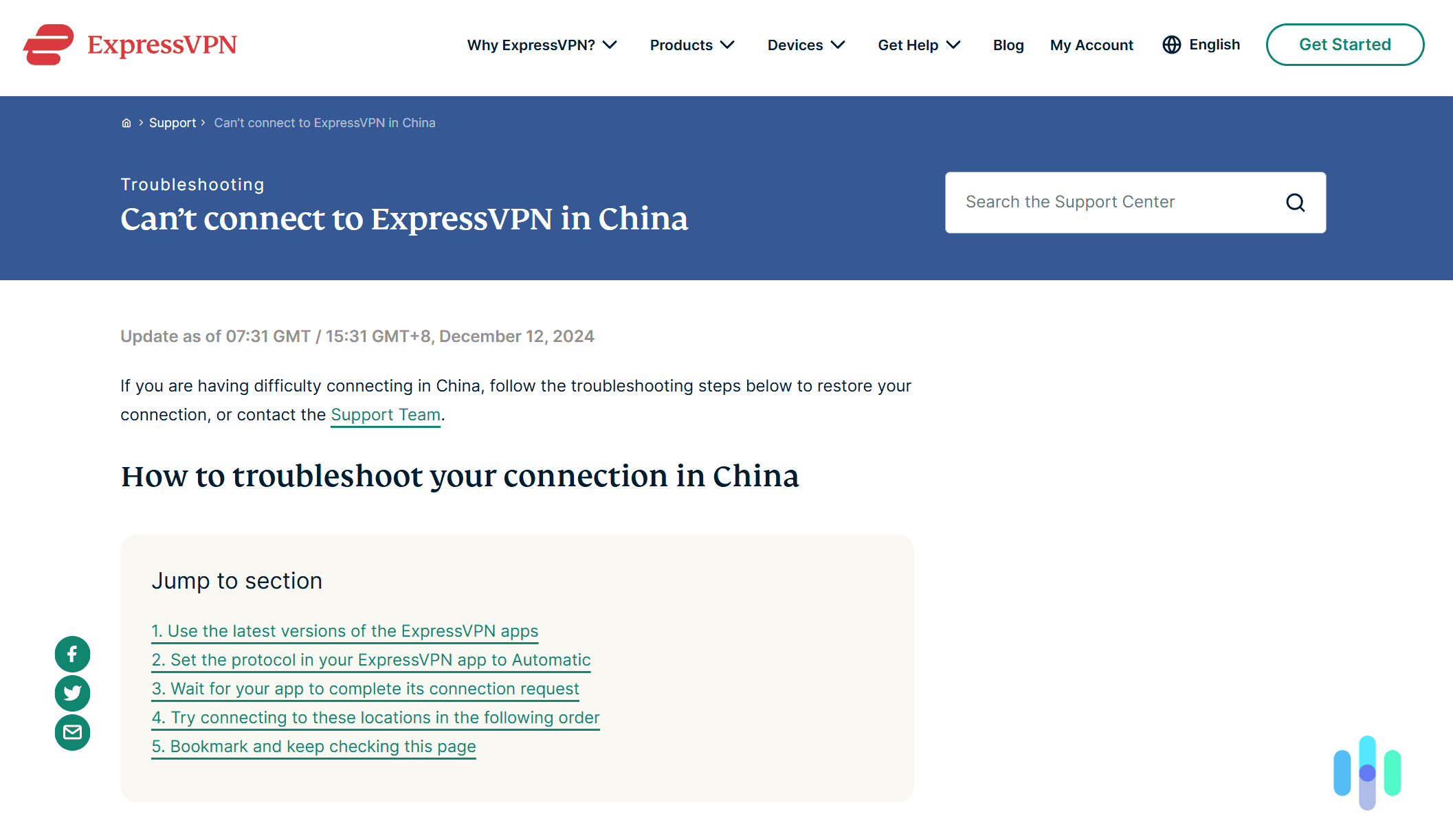 We like how ExpressVPN offers many ways to troubleshoot its service in China.