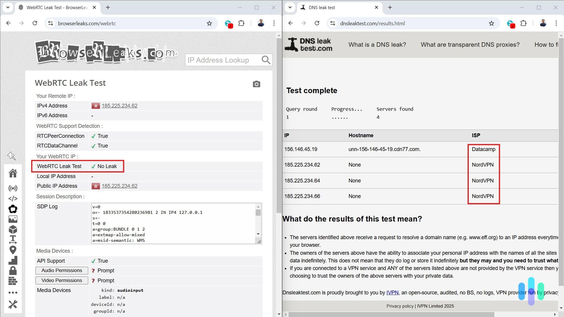 We ran DNS and WebRTC leak tests side by side and found that NordVPN has no IP address leaks